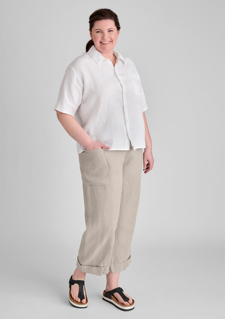 FLAX linen shirt in white with linen pants in natural