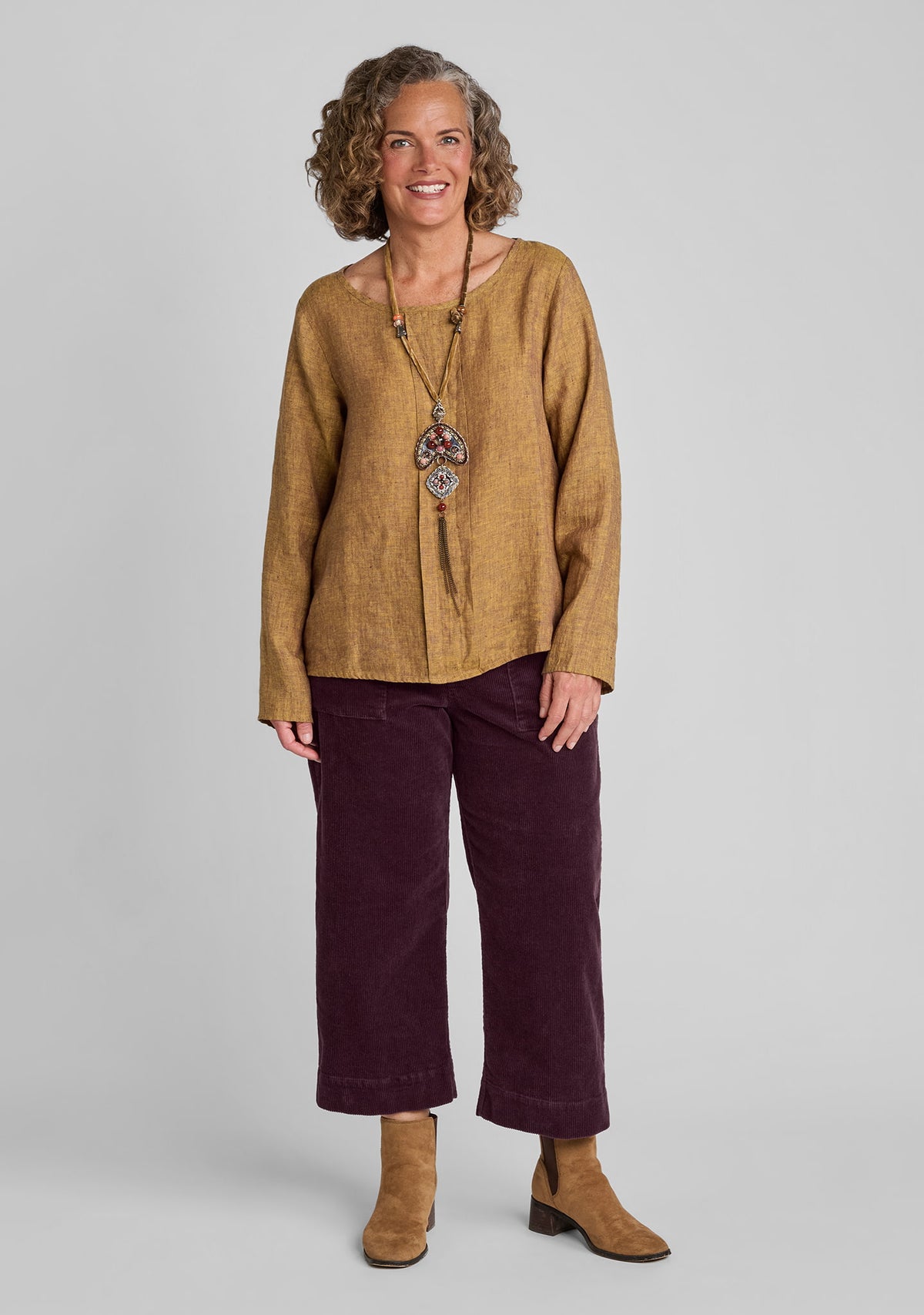 FLAX linen shirt in brown with cotton blend corduroy pants in purple