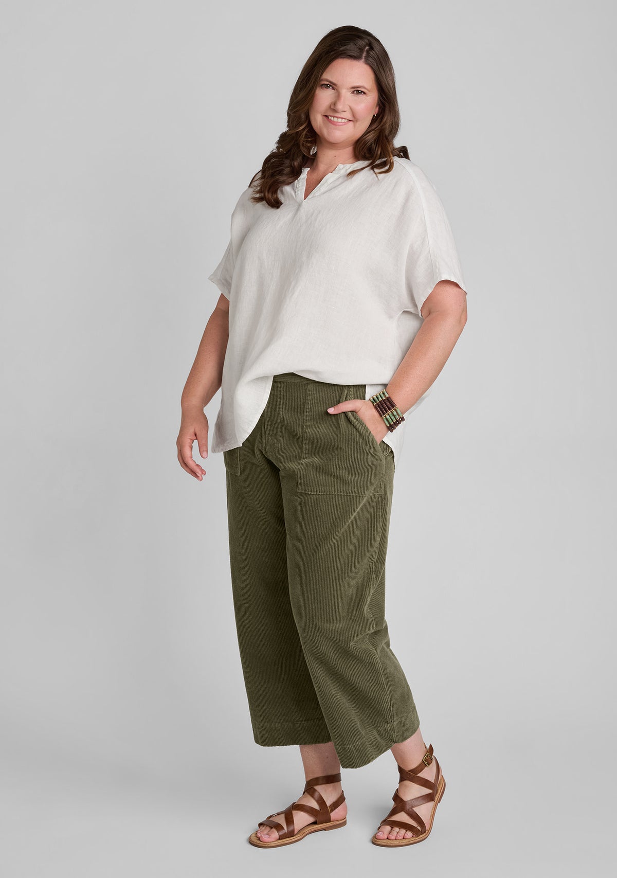 FLAX linen blouse in white with cotton blend corduroy pants in green