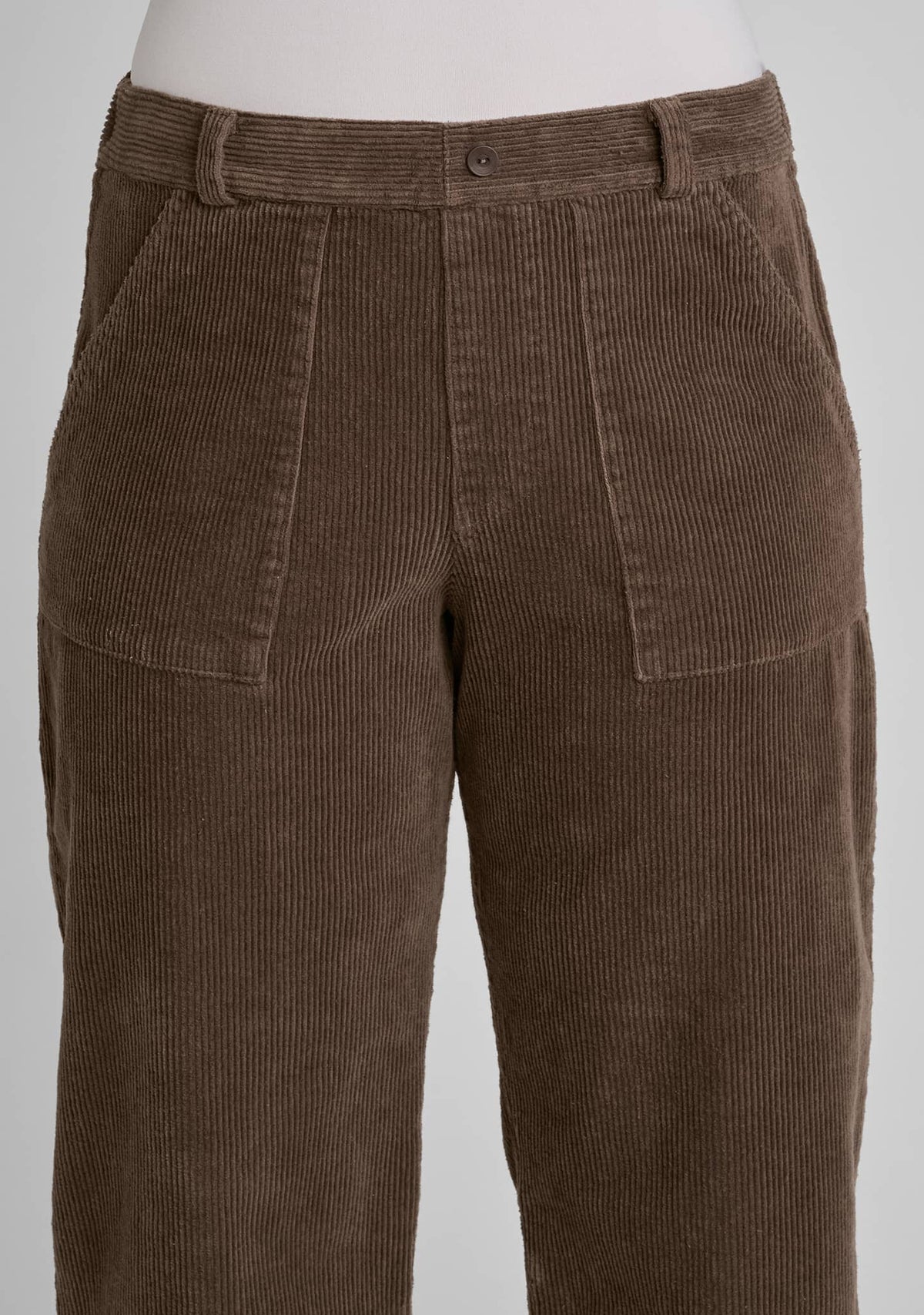 close up view of waistband and front pockets