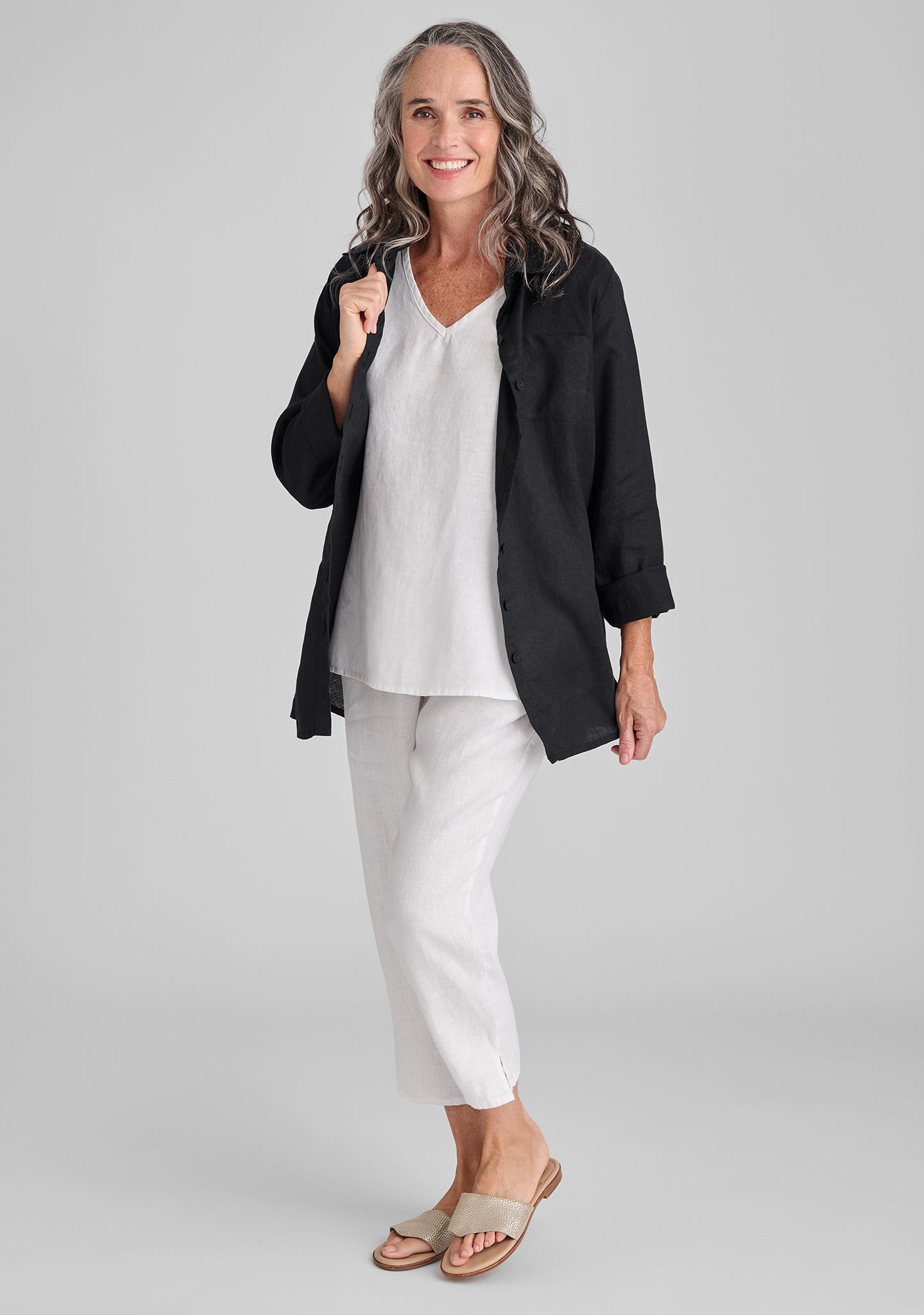 FLAX linen shirt in black with linen shirt in white and linen pants in white