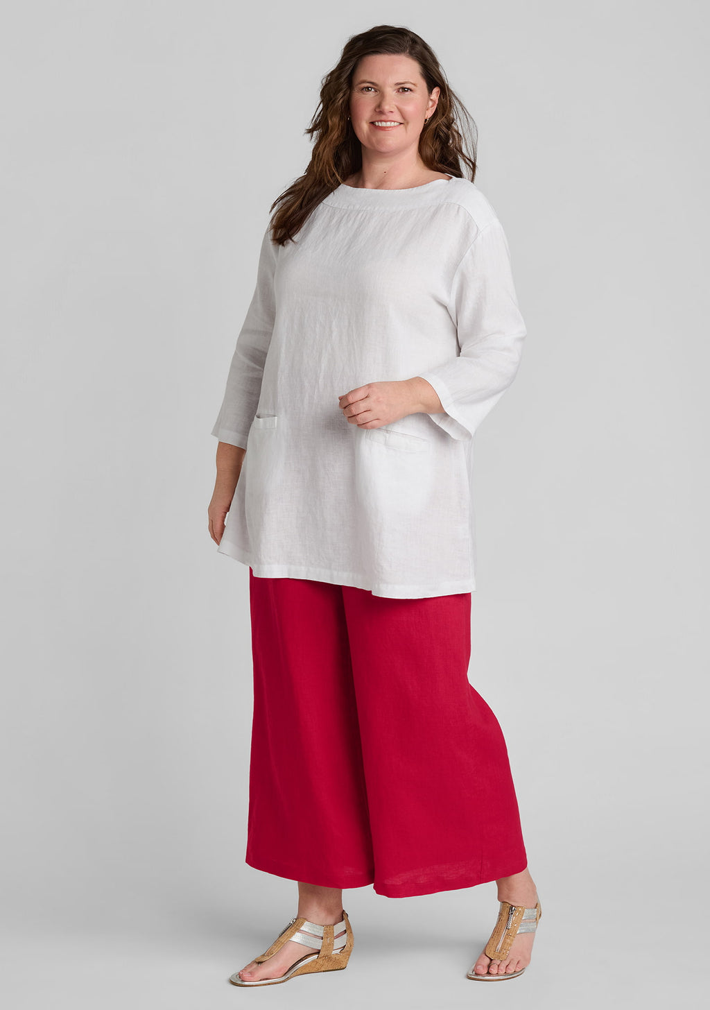 women's linen shirt in white with linen pants in red