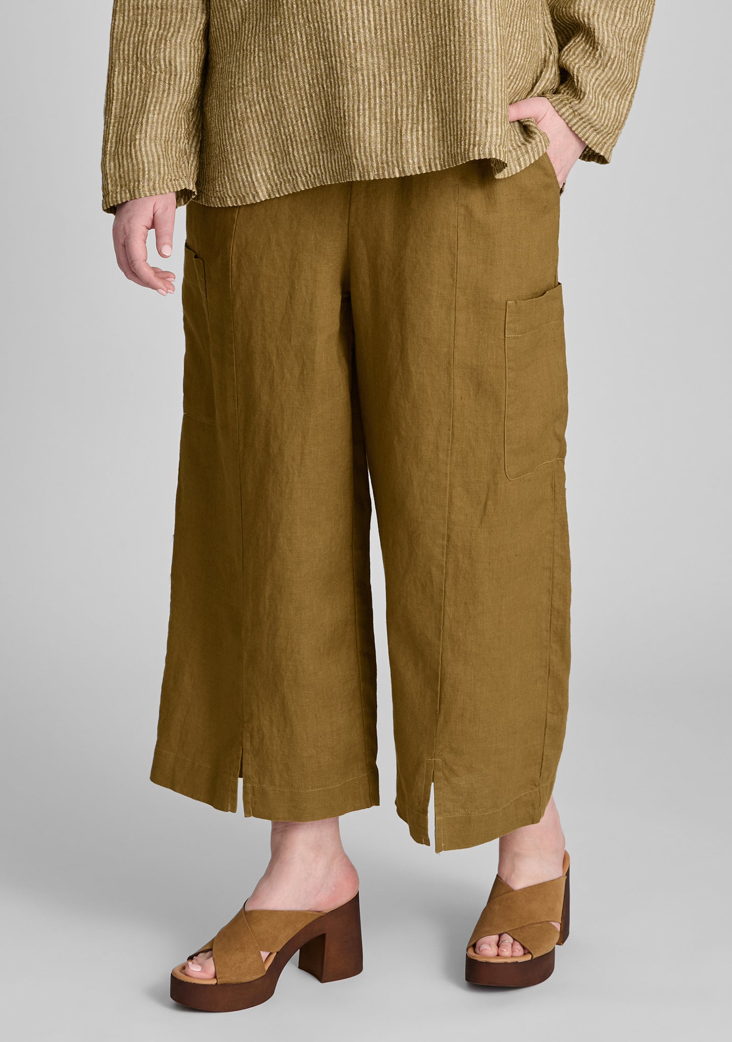 modern flood linen pants with elastic waist brown