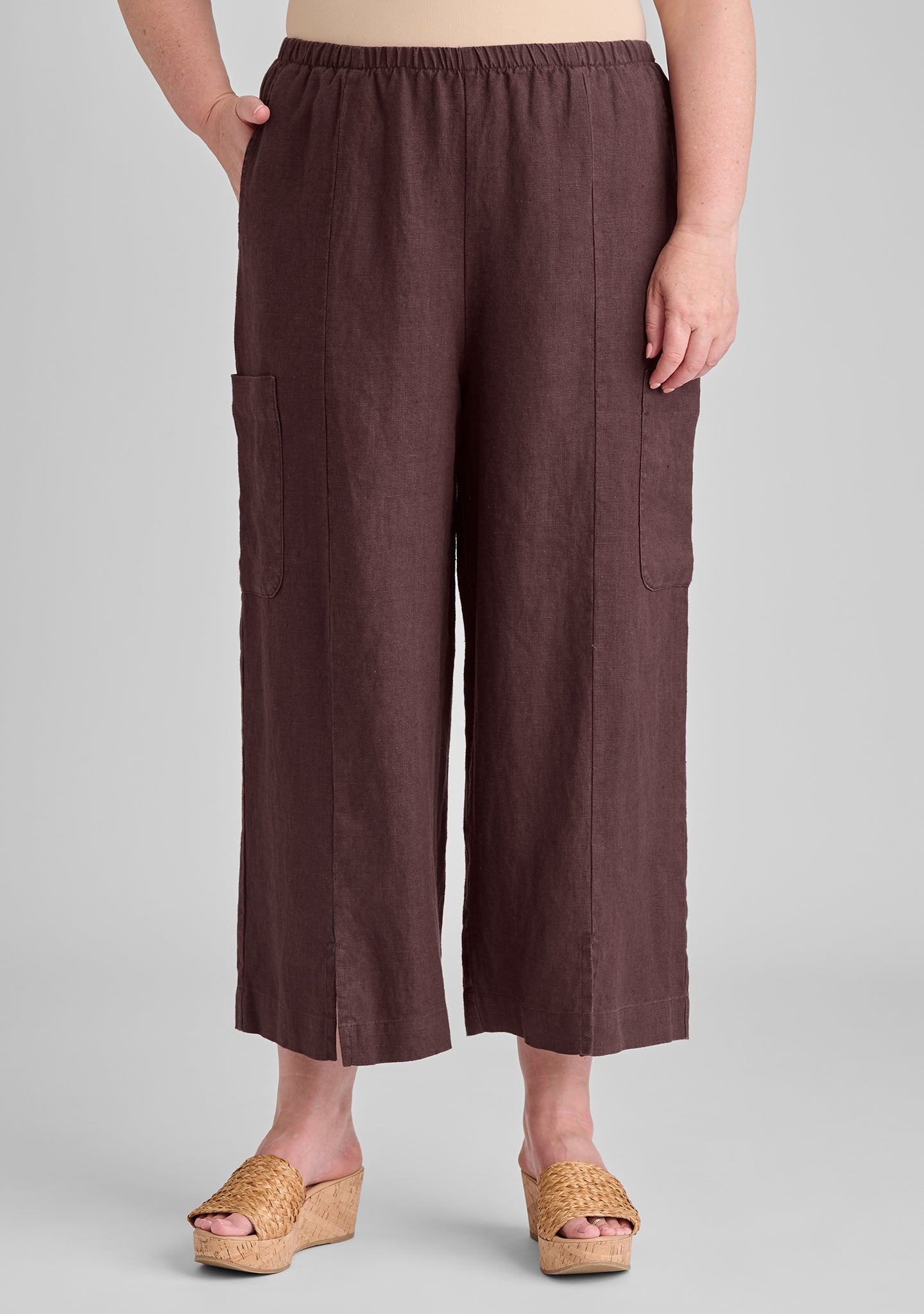 modern flood linen pants with elastic waist brown