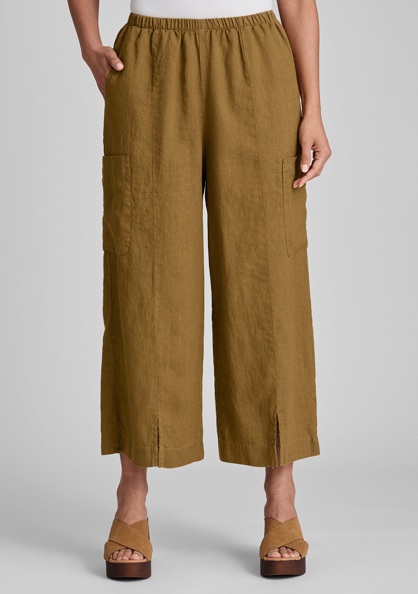 modern flood linen pants with elastic waist details