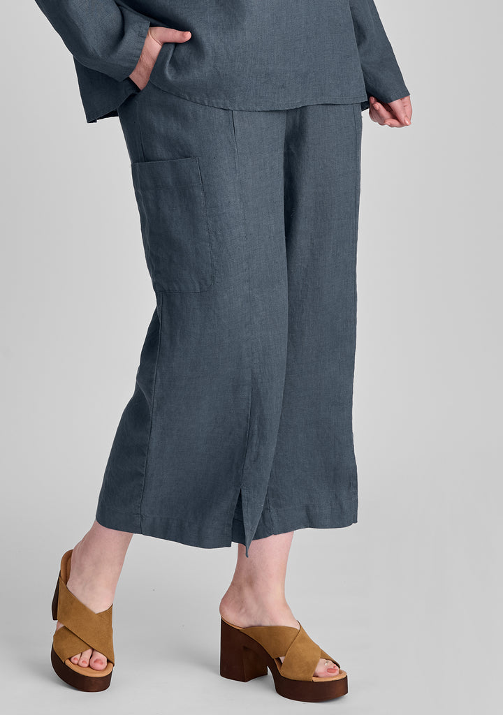 modern flood linen pants with elastic waist blue