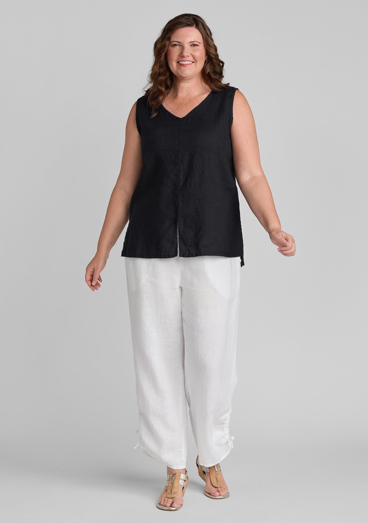 FLAX linen tank in black with linen pants in white