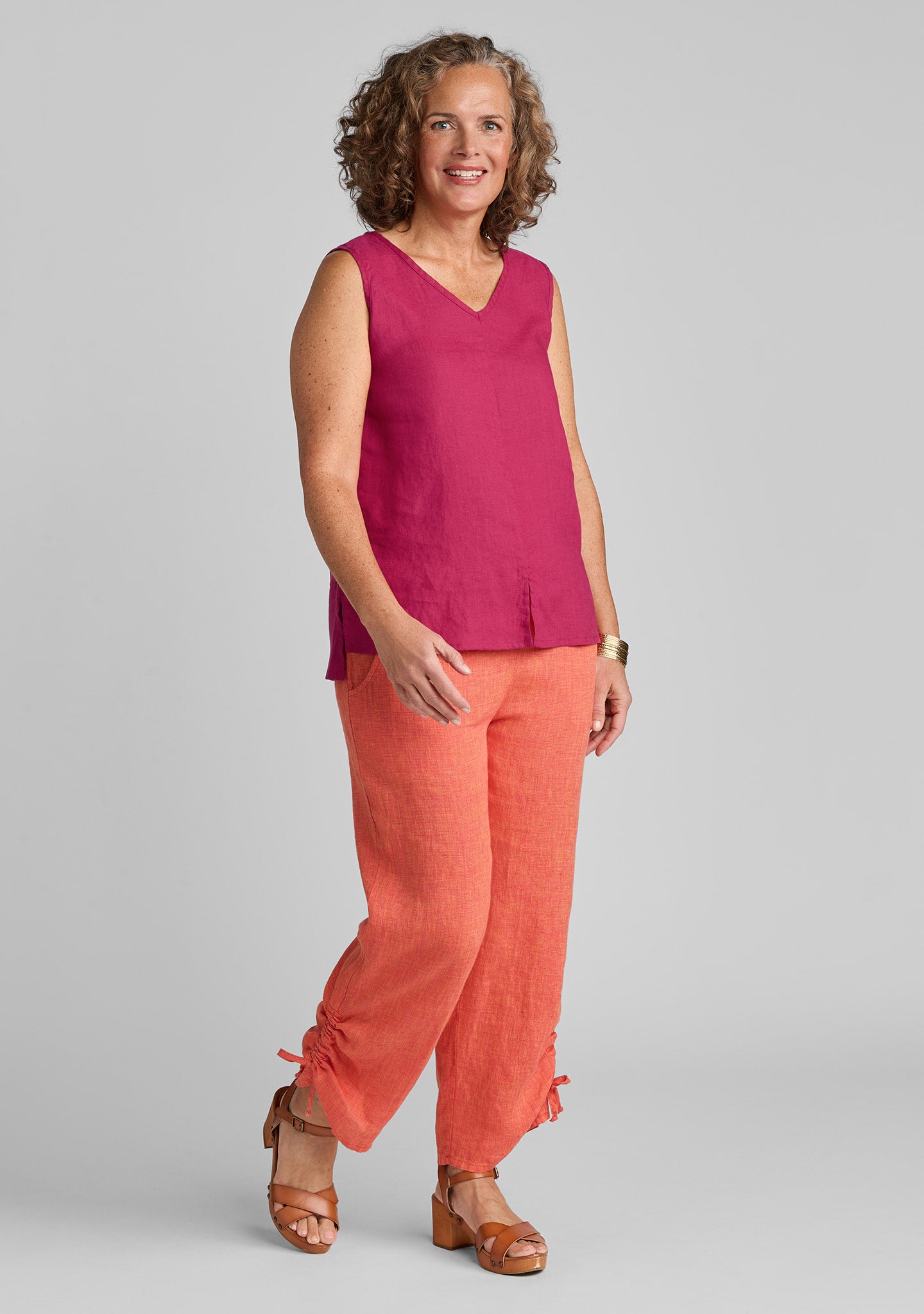 FLAX linen tank top in pink with linen pants in orange