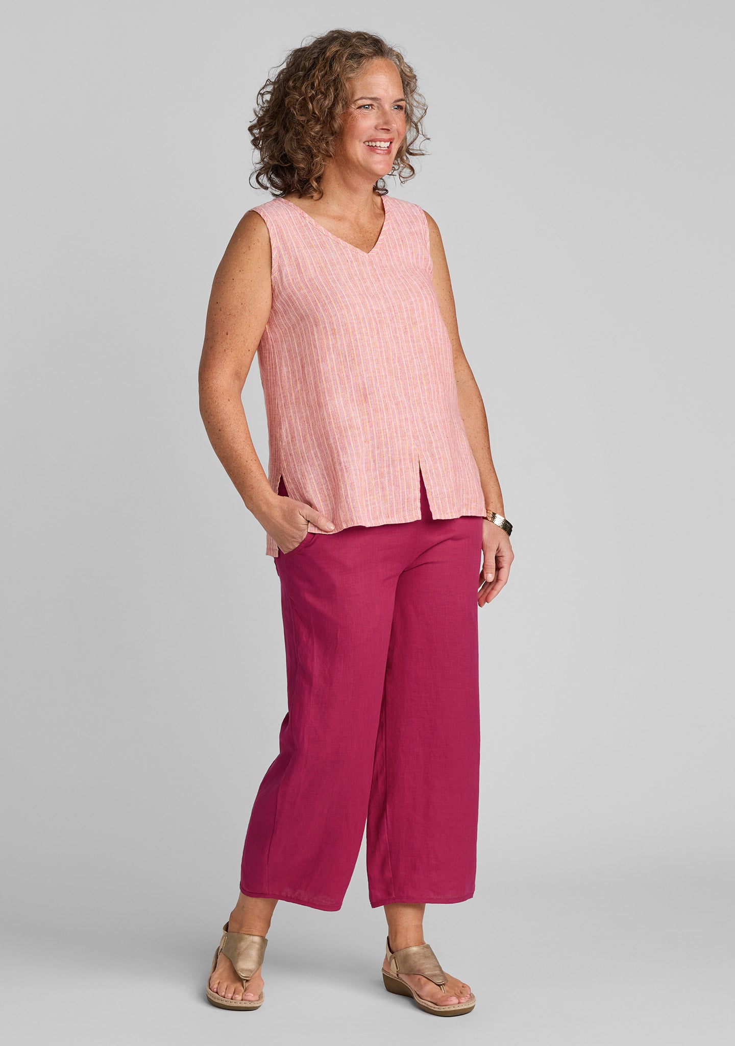 FLAX linen tank top in orange with linen pants in pink
