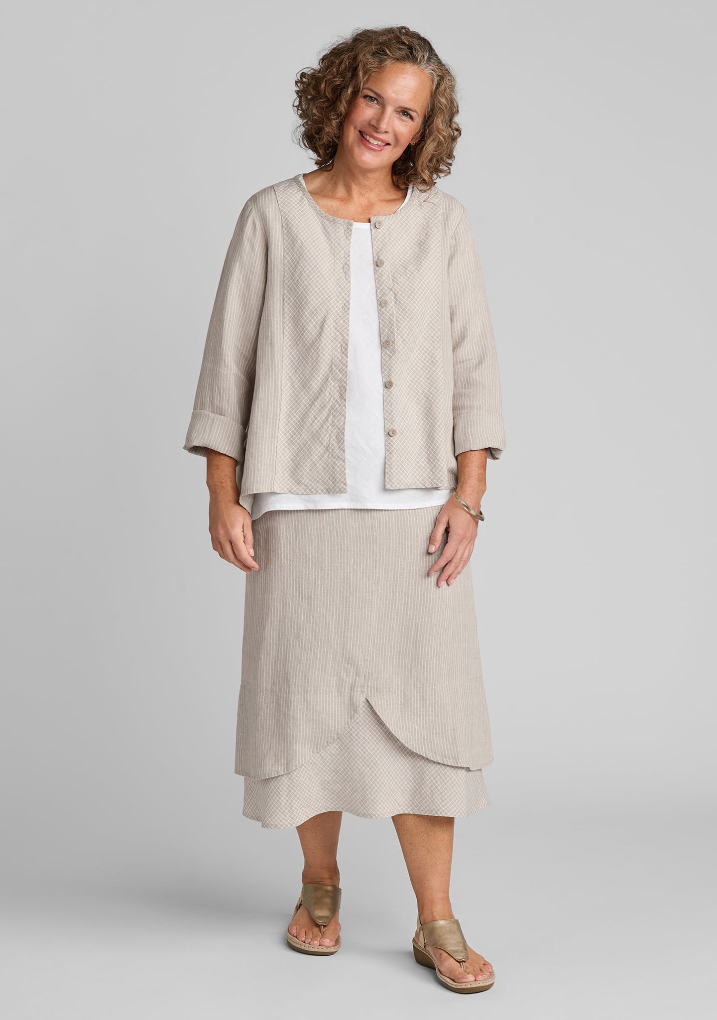 FLAX linen jacket in natural with linen tee in white and linen skirt in natural