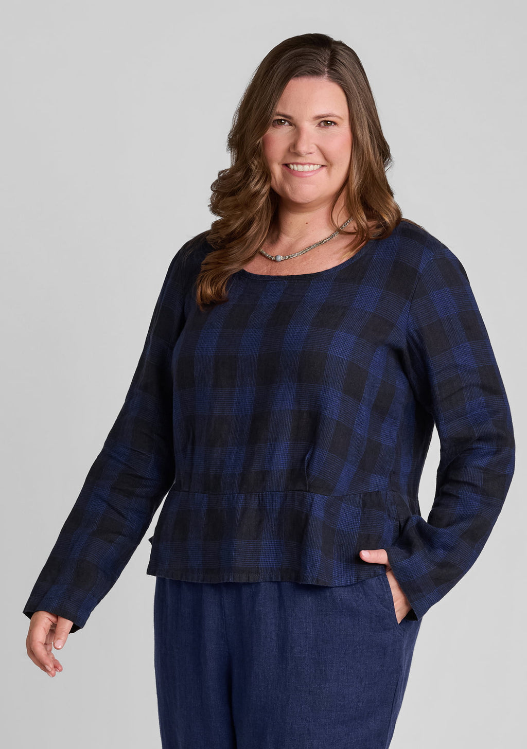 peplum pullover long sleeve linen top blue plaid