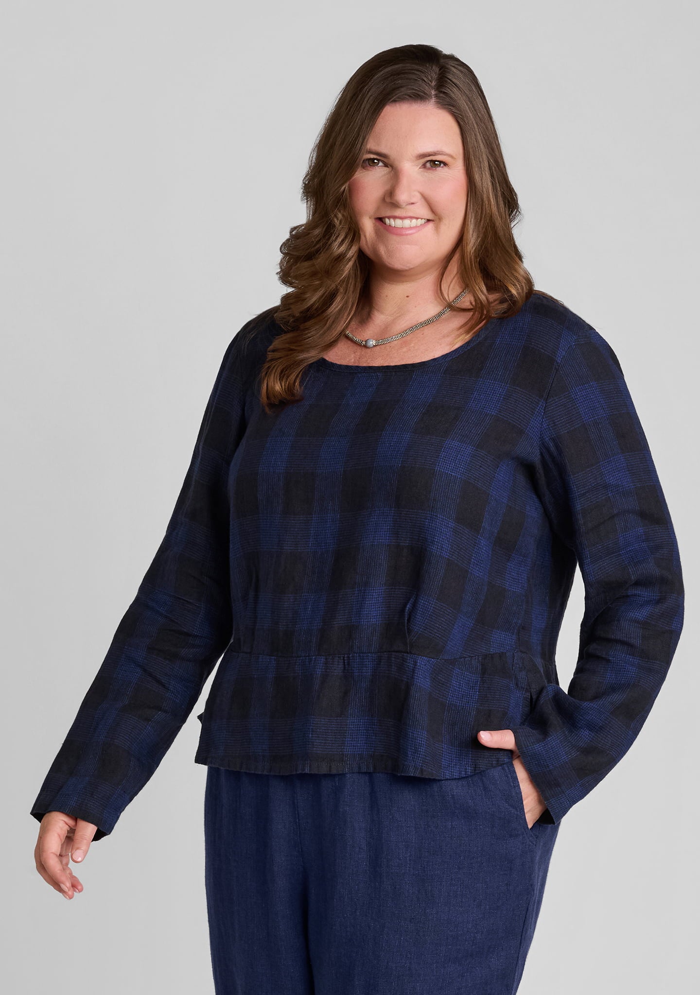 peplum pullover long sleeve linen top blue plaid