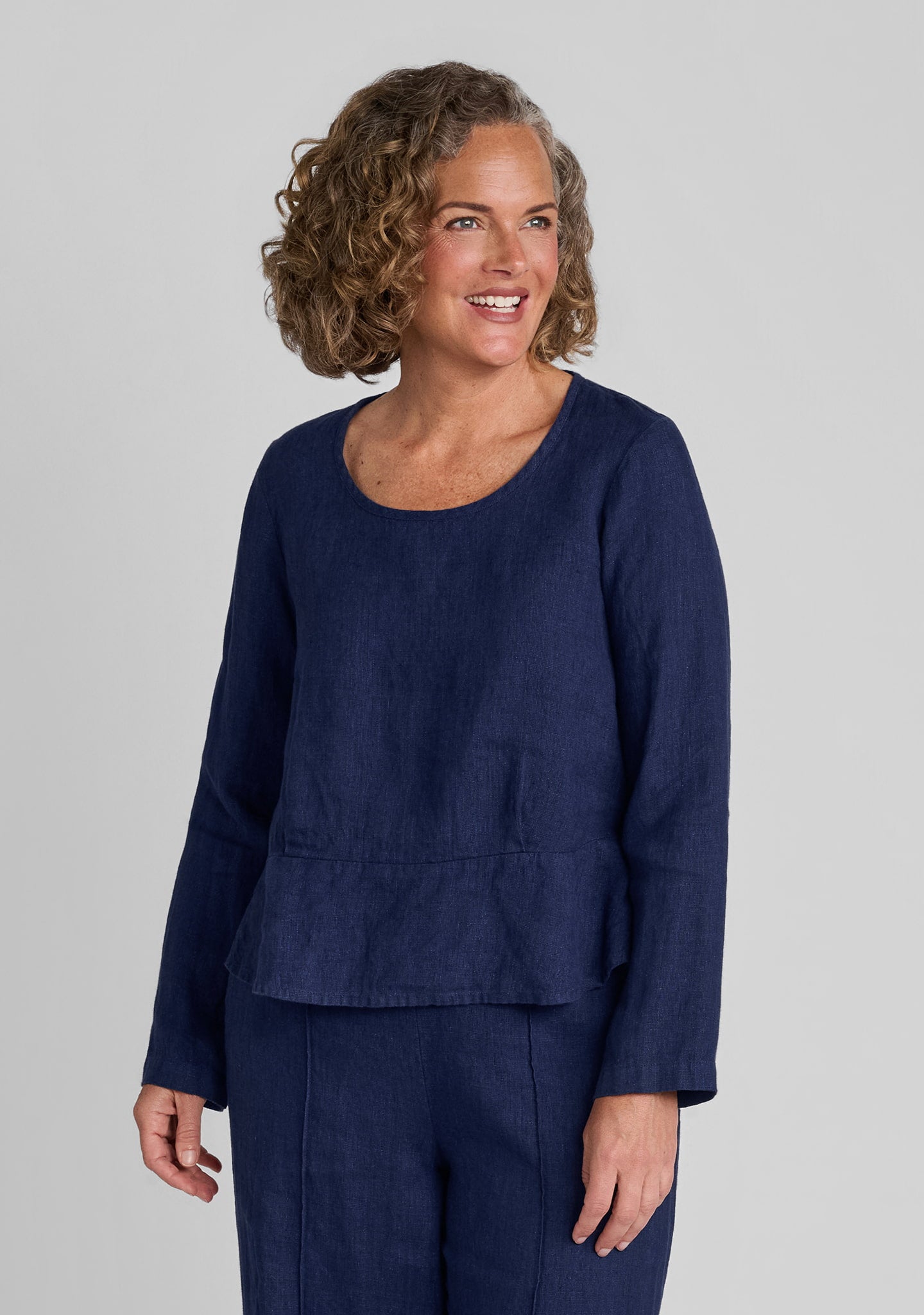 peplum pullover long sleeve linen top blue