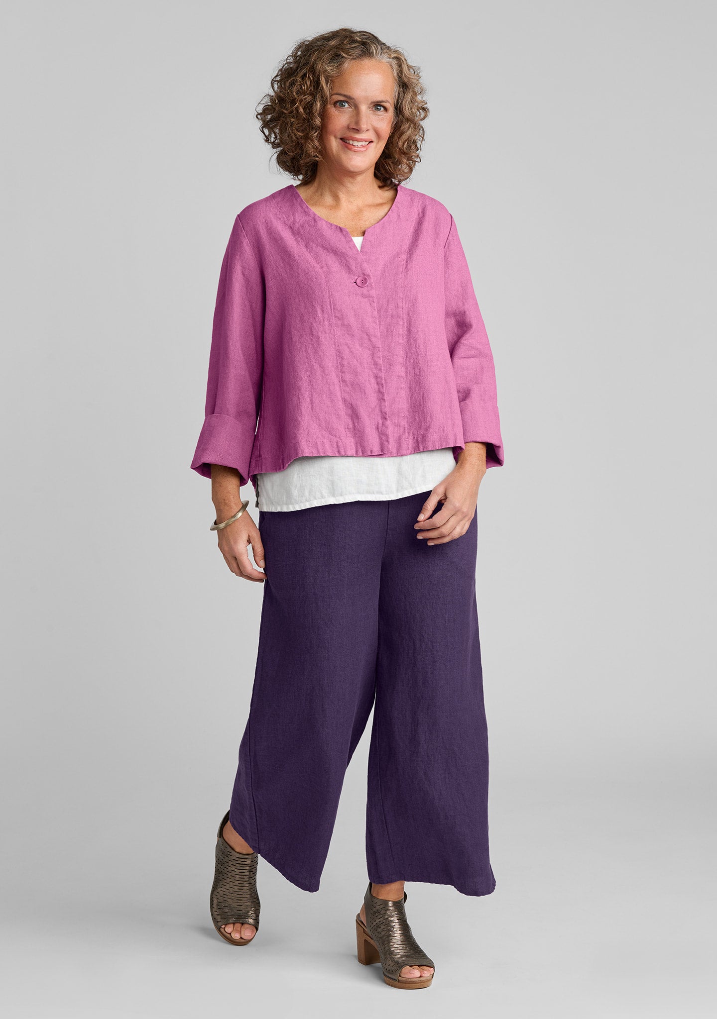 FLAX linen jacket in pink with linen tank in white and linen pants in purple