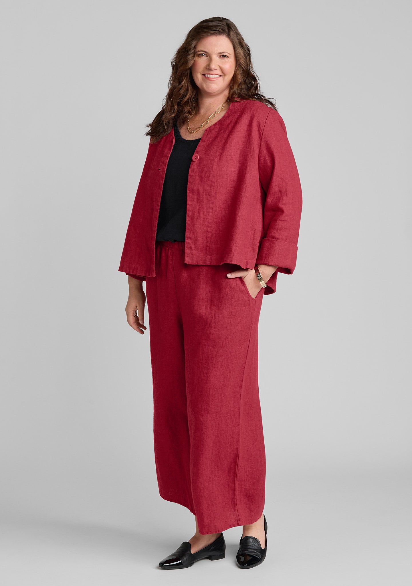 FLAX linen jacket in red with linen tank in black and linen pants in red