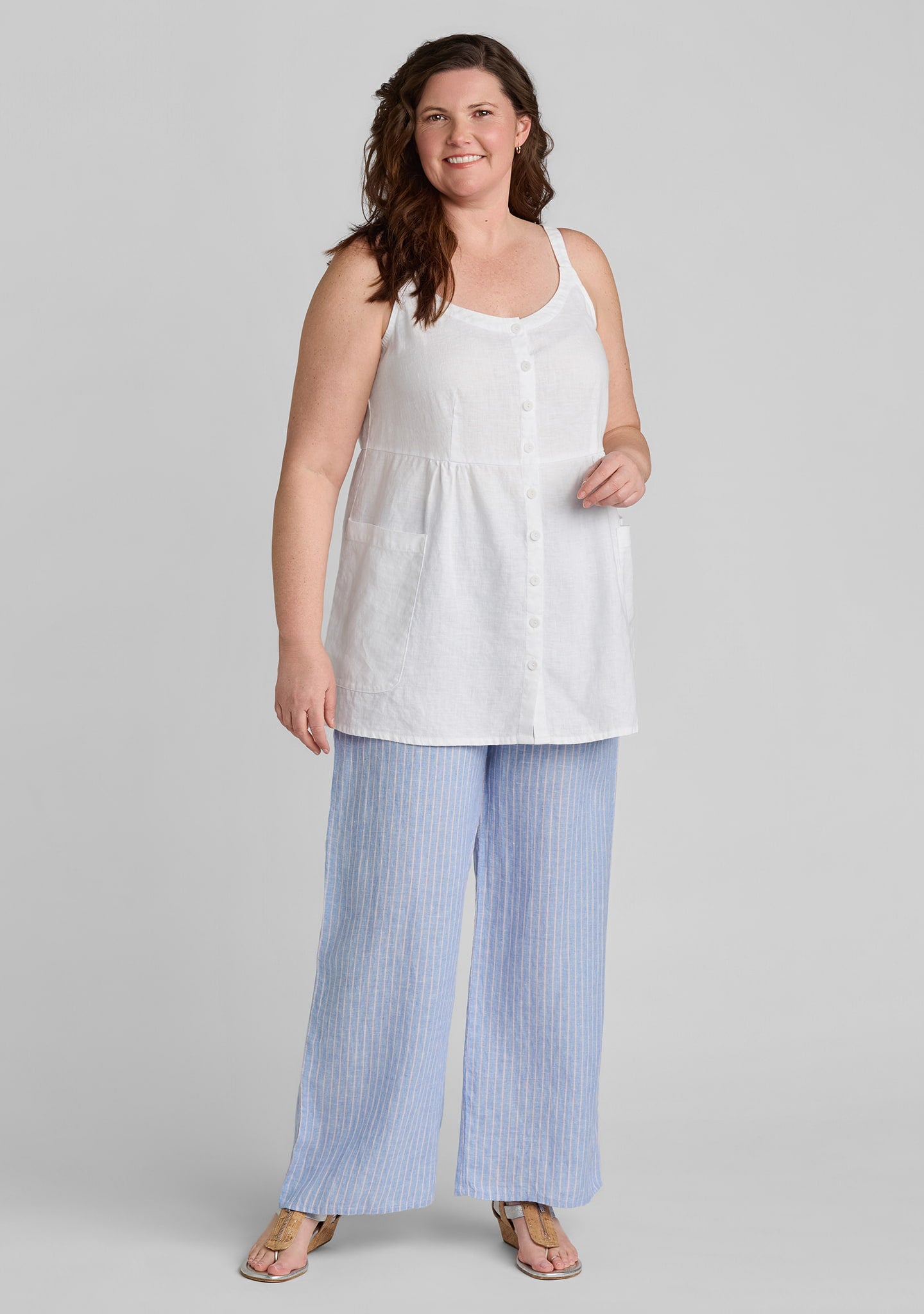FLAX linen tank top in white with linen pants in blue