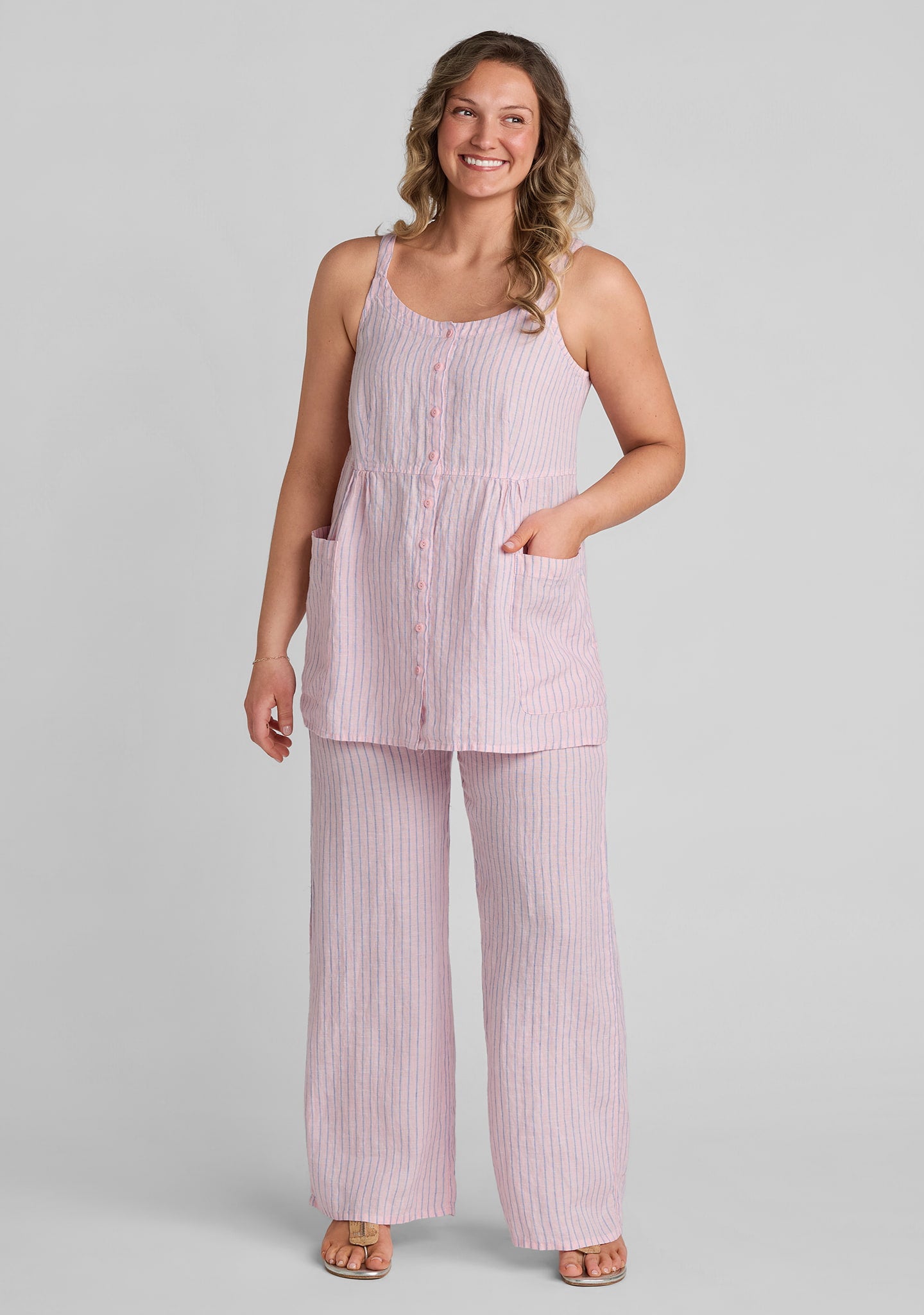 FLAX linen tank top in pink with linen pants in pink