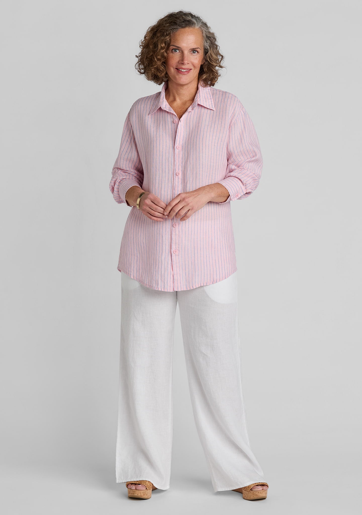 FLAX linen button down shirt in pink with linen pants in white