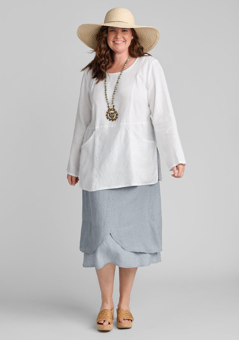 FLAX linen shirt in white with linen skirt in blue