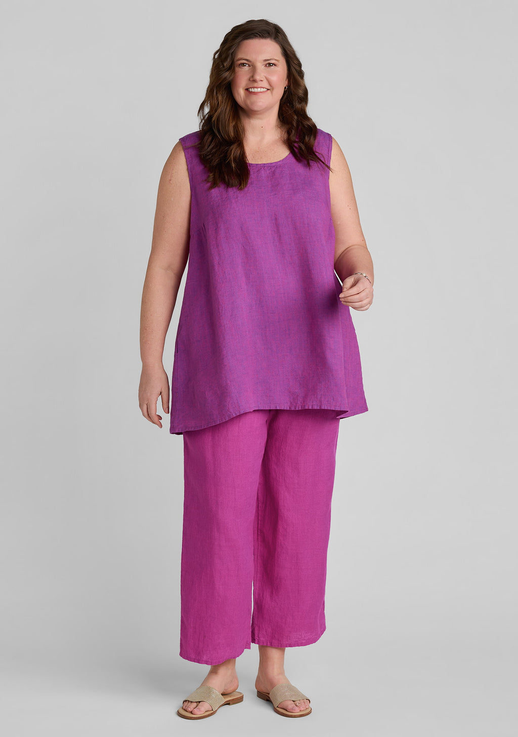 women's linen tank top in purple with linen pants in purple