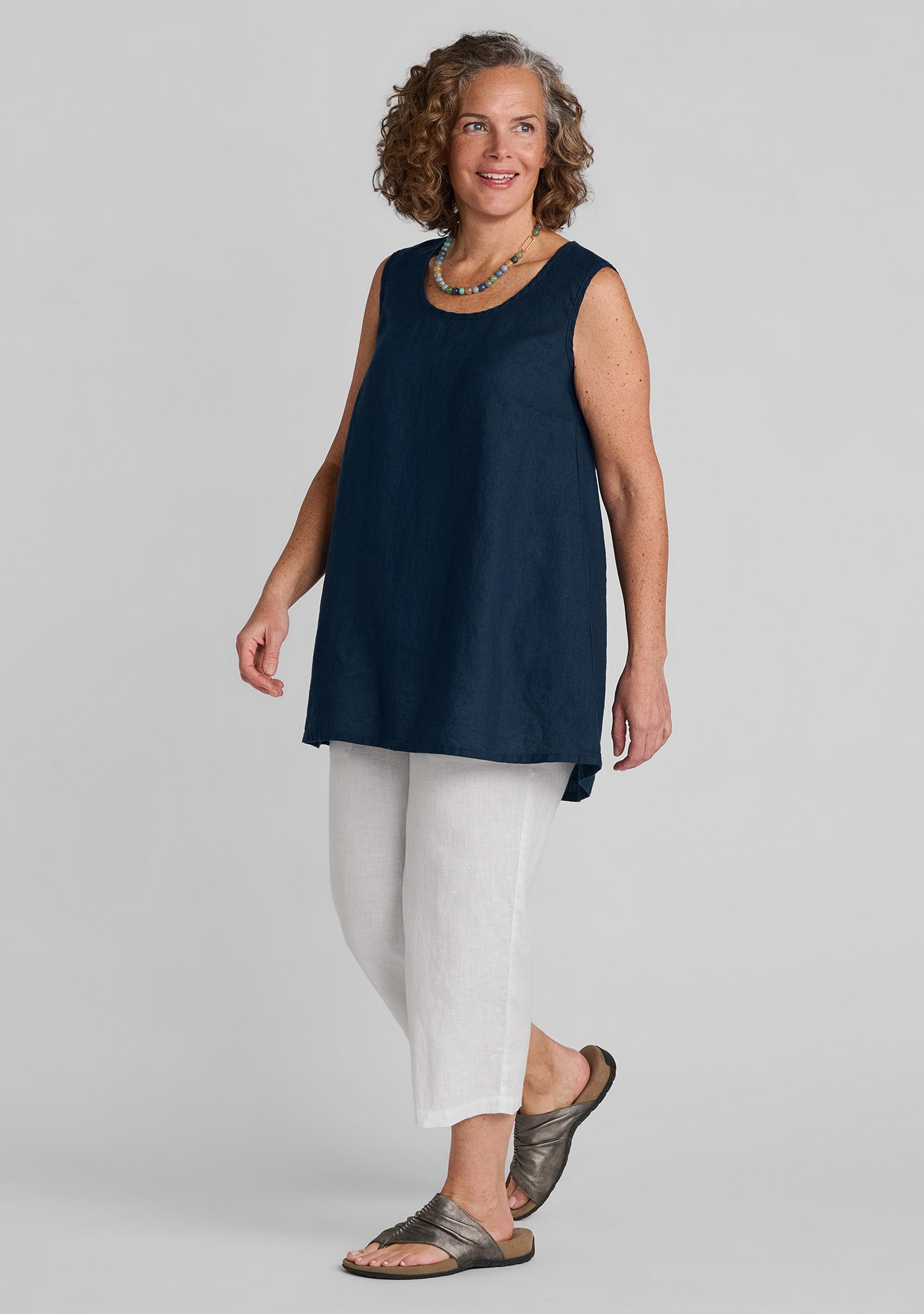 FLAX linen tank top in blue with linen pants in white