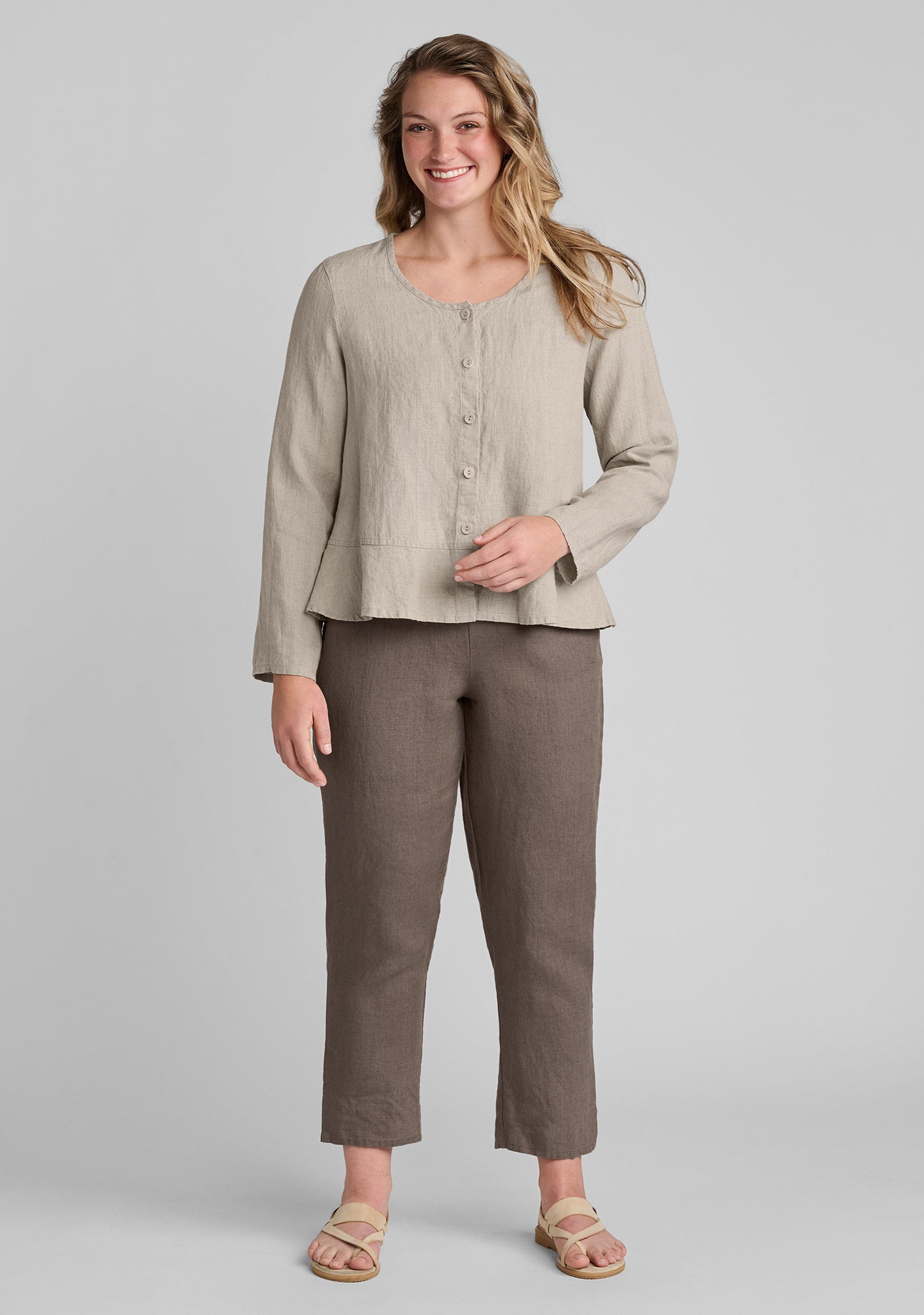 FLAX linen shirt in natural with linen pants in brown