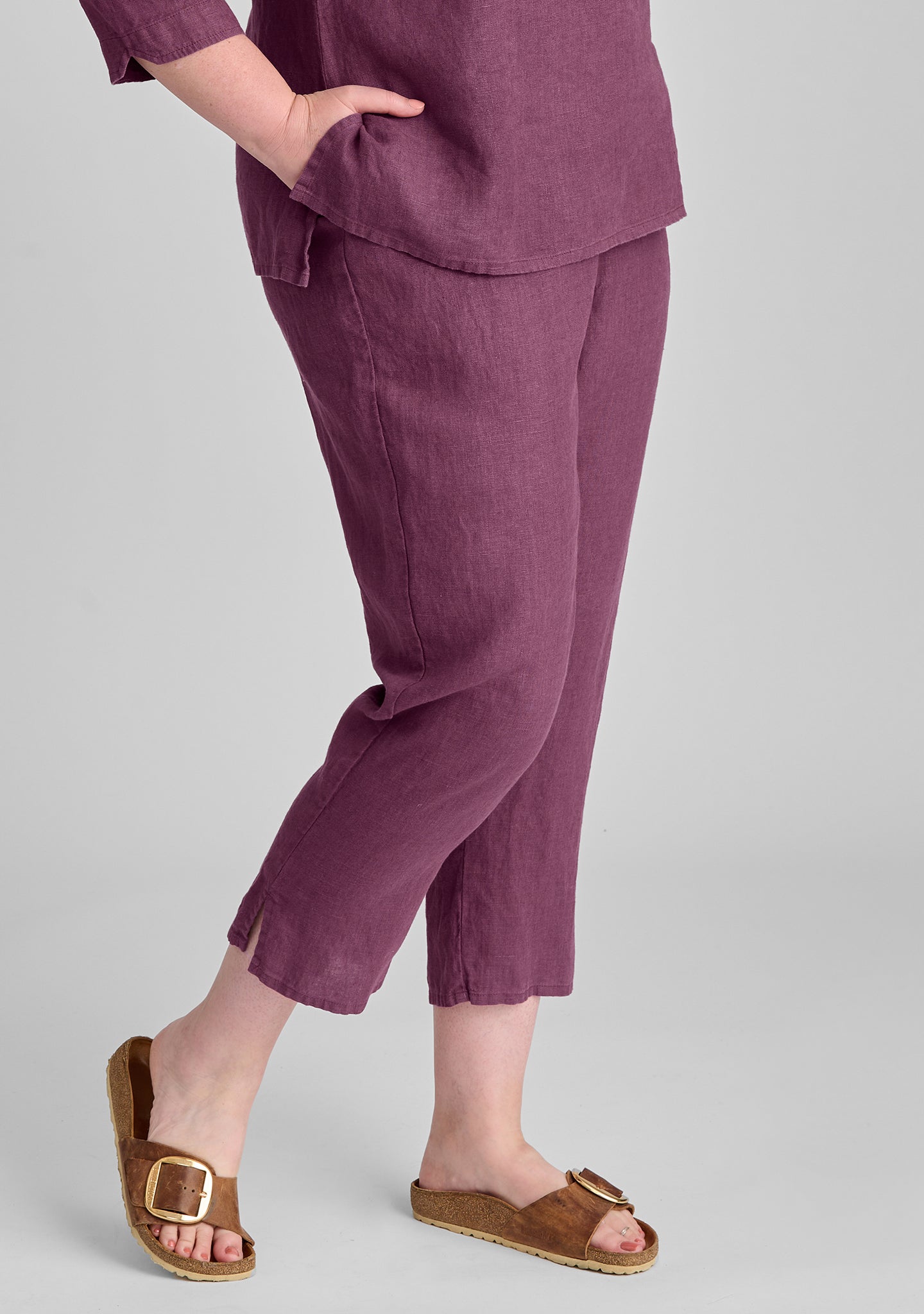 pocketed ankle pant linen pants purple