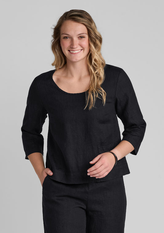 pocketed linear linen pullover black