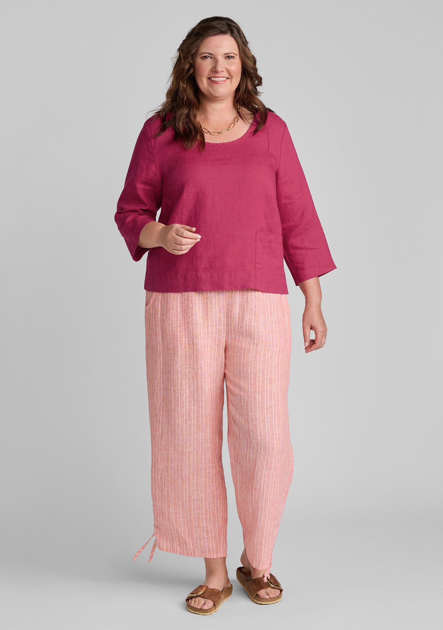 FLAX linen shirt in pink with linen pants in orange