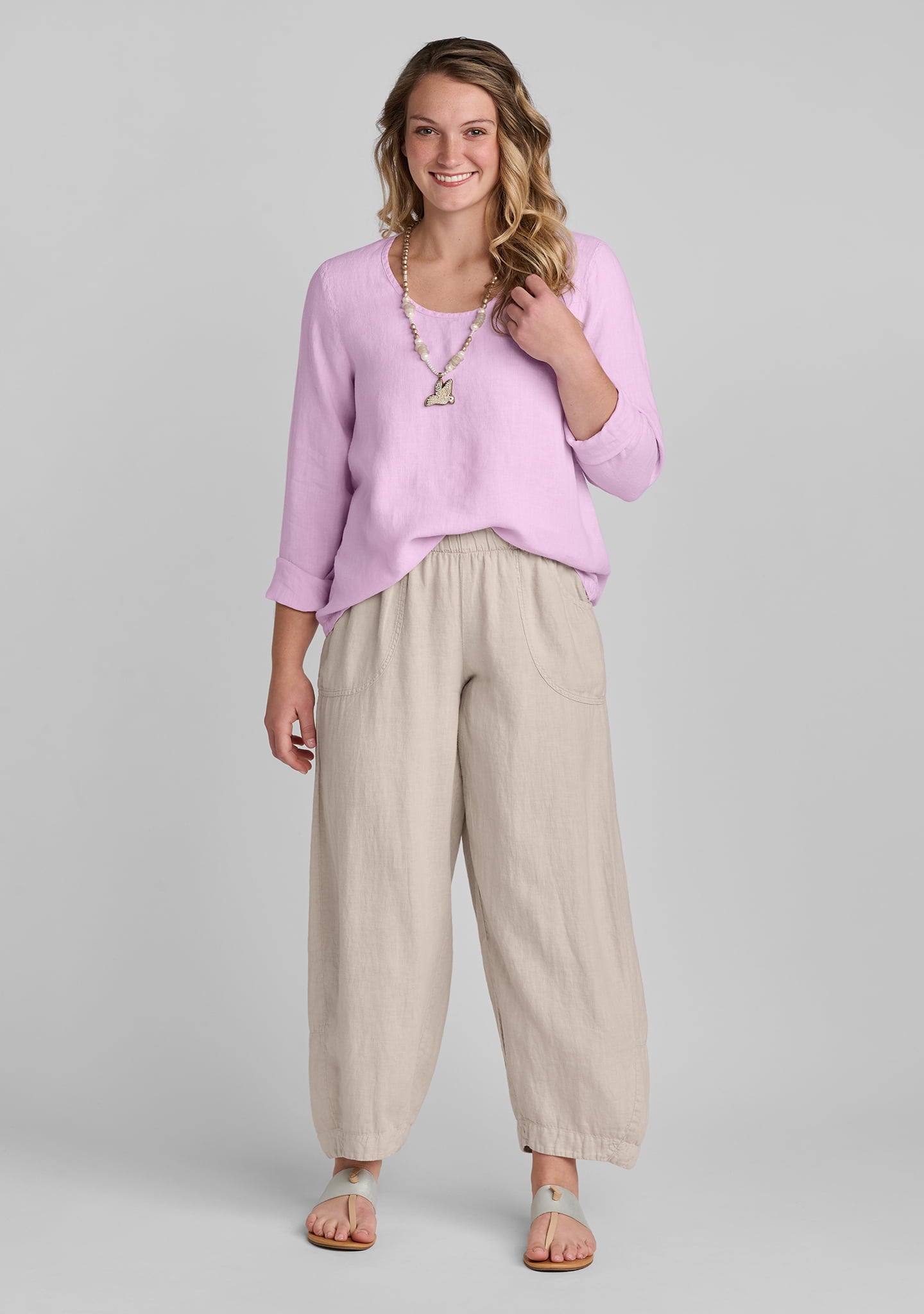 FLAX linen shirt in pink with linen pants in natural