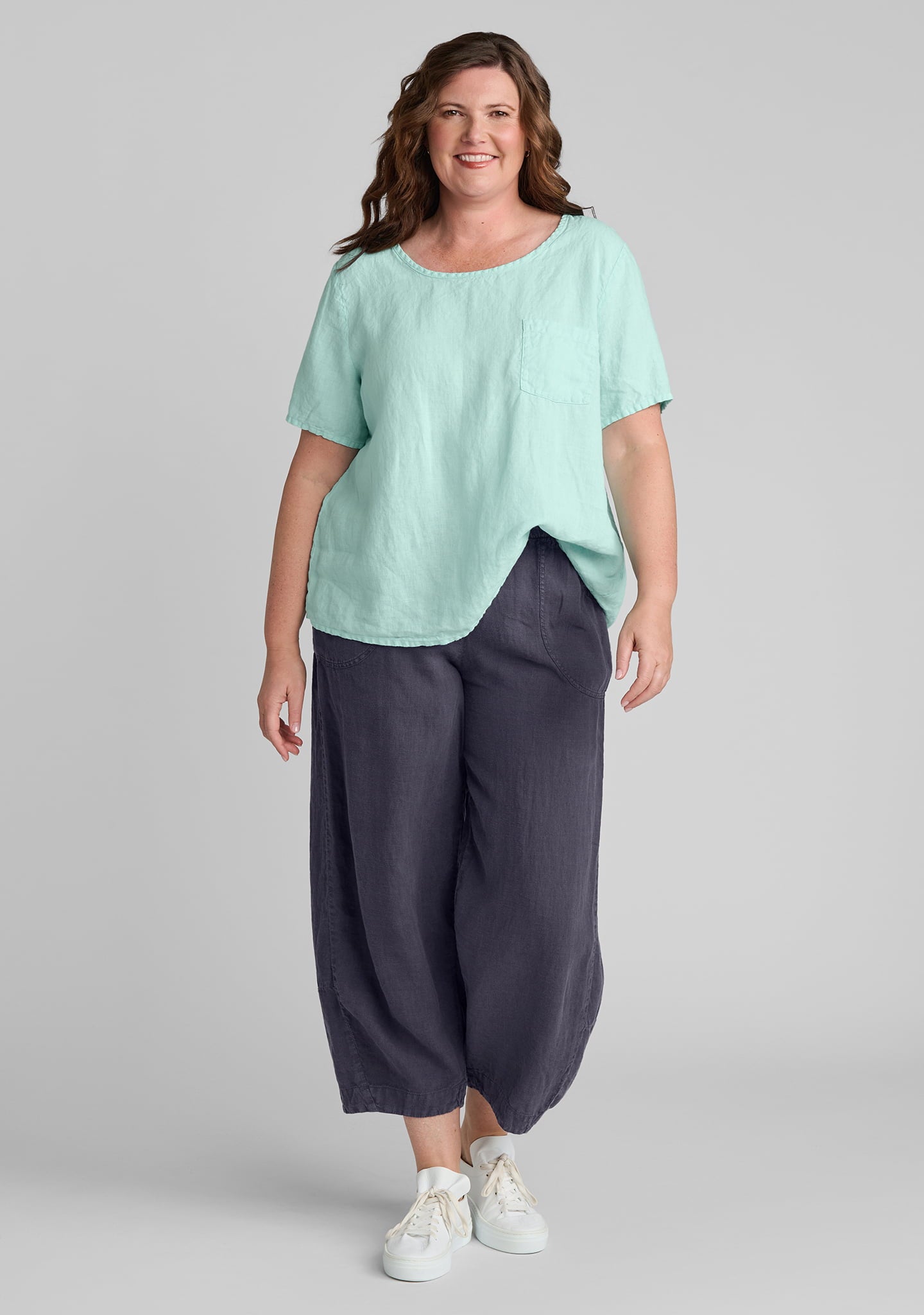 FLAX linen t shirt in green with linen pants in blue
