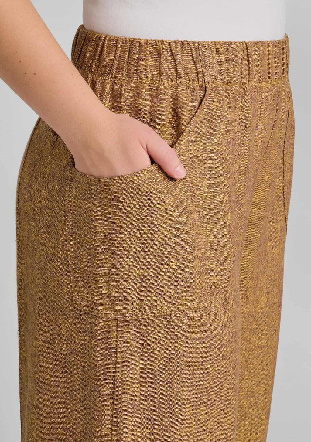 close up view of elastic waistband and pocket