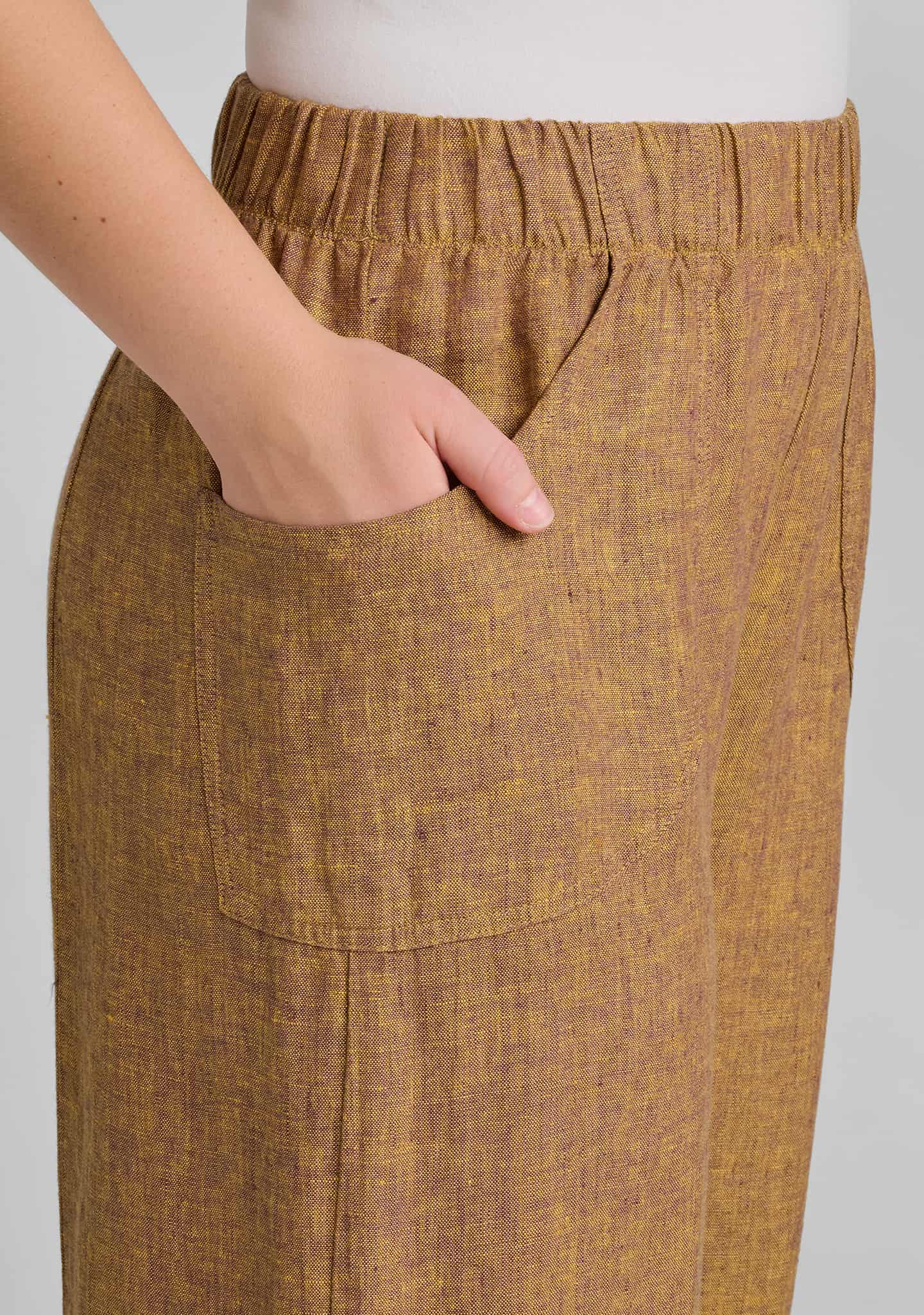 close up view of elastic waistband and pocket