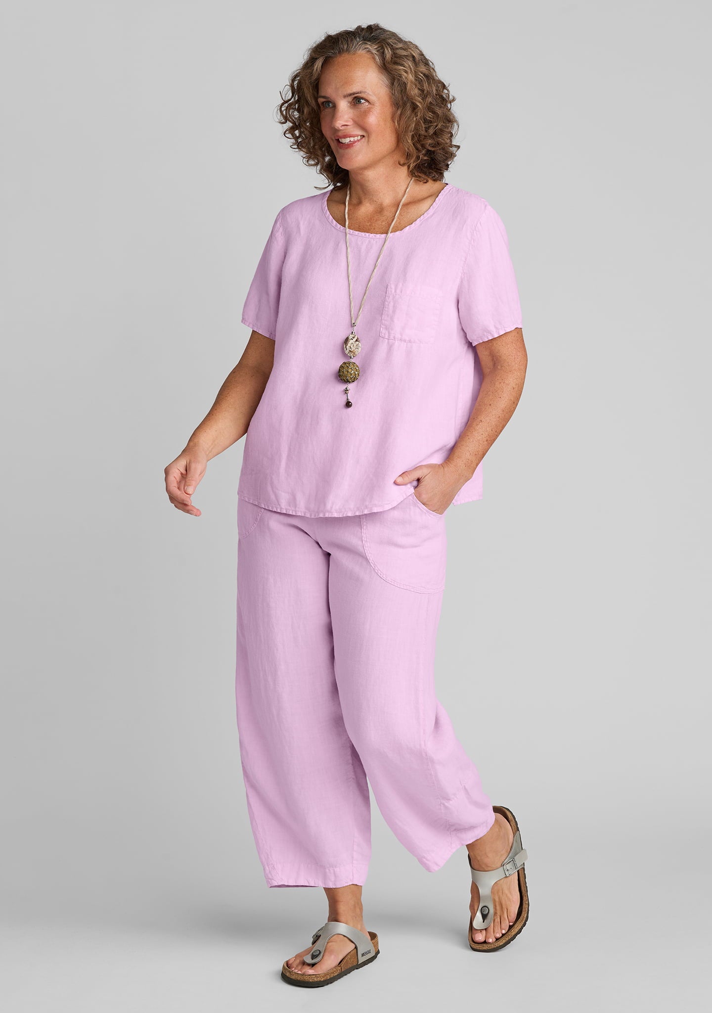 FLAX linen t shirt in pink white linen pants in pink