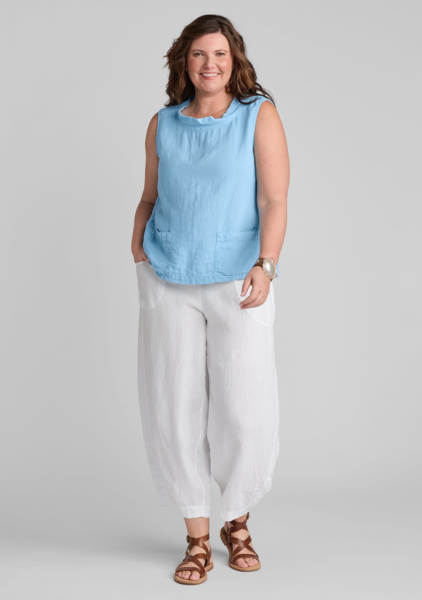 FLAX linen tank top in blue with linen pants in white