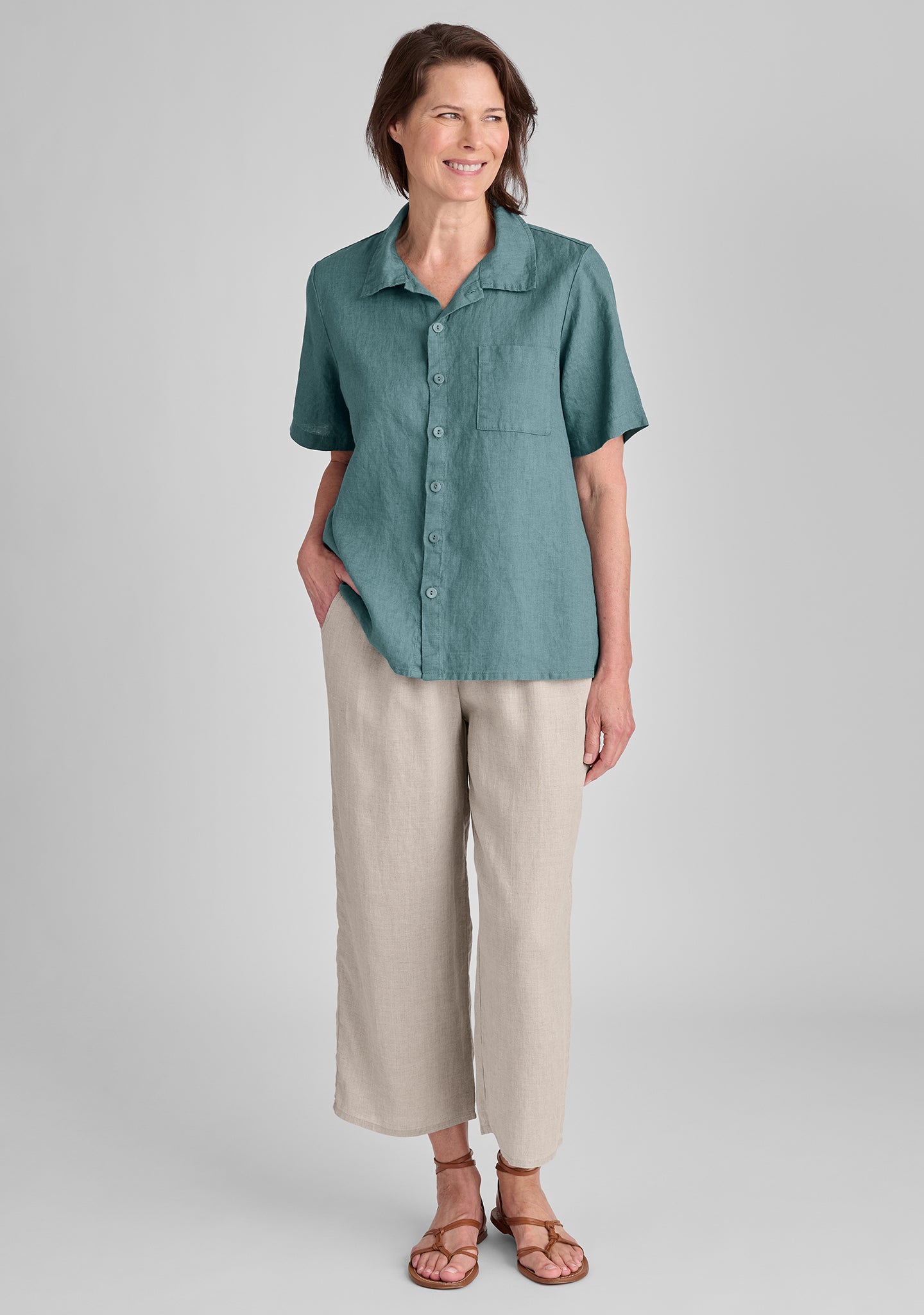 FLAX linen shirt in green with linen pants in natural