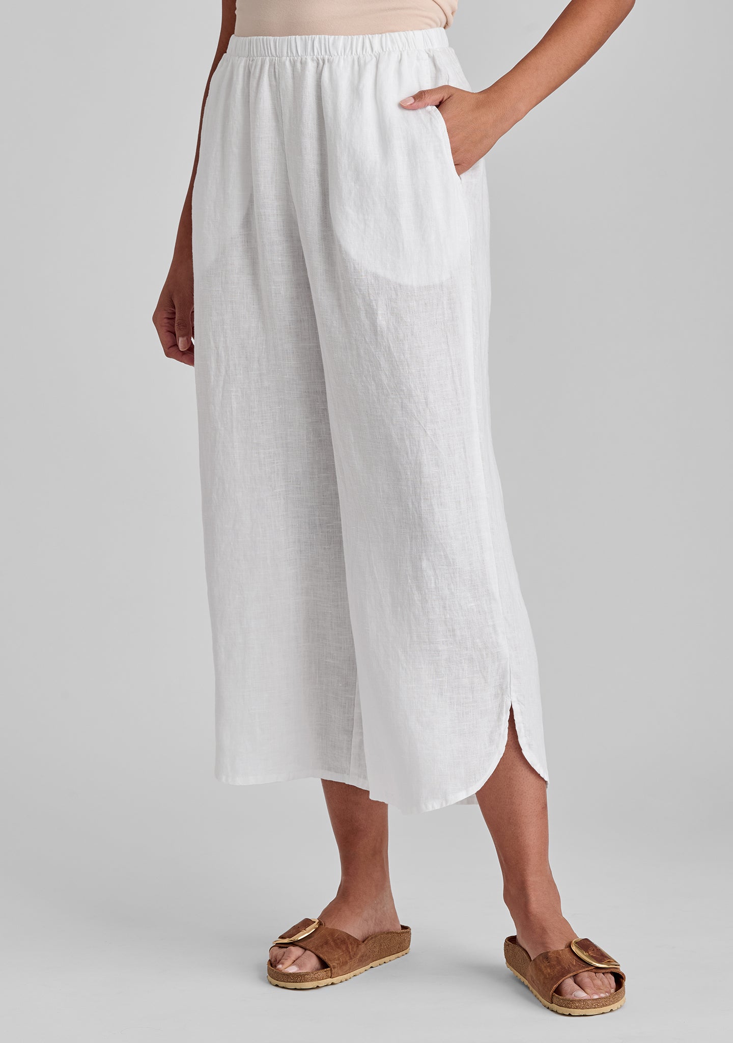 shirttail flood linen pants with elastic waist details