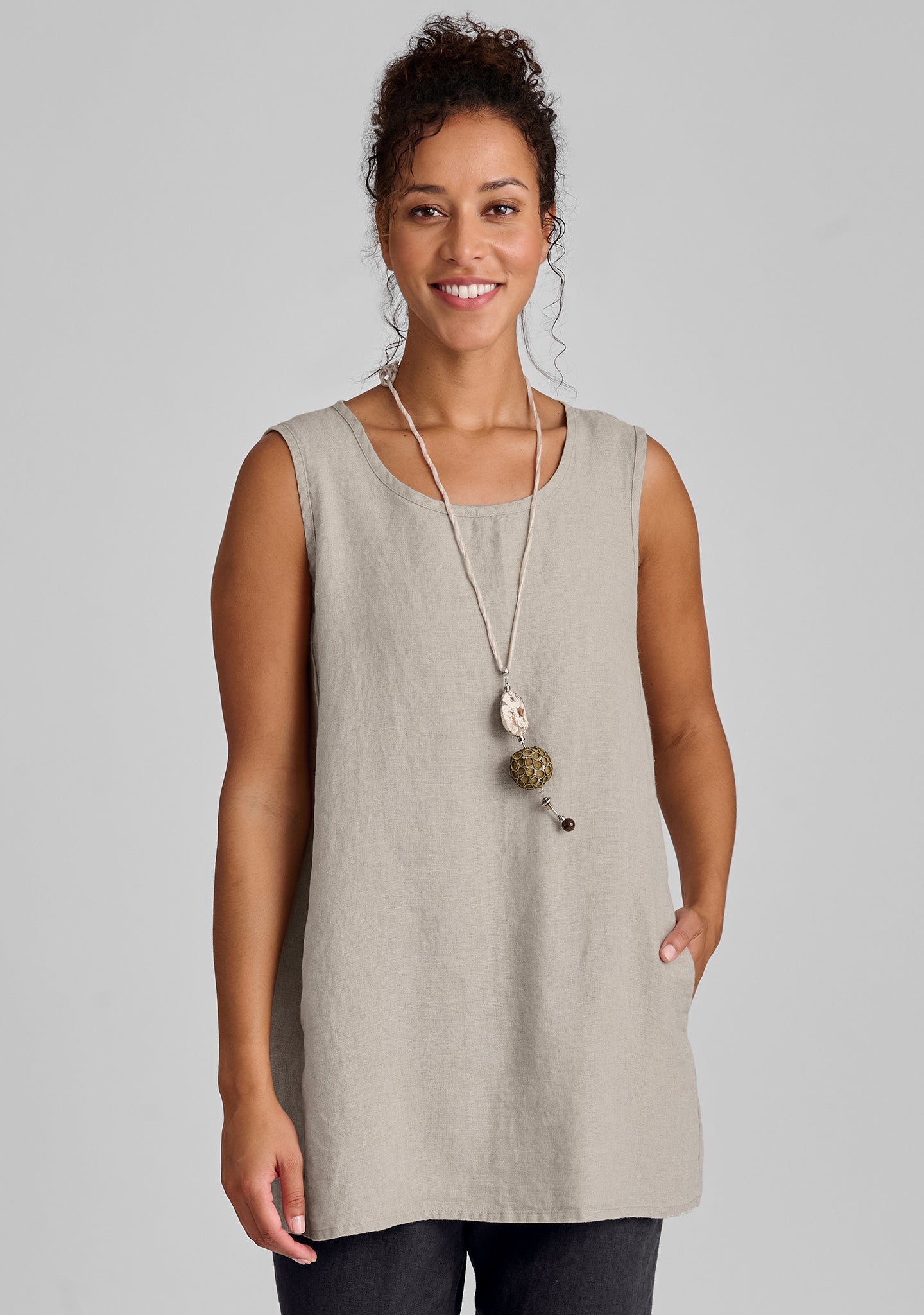 side pocketed tunic linen tank top natural