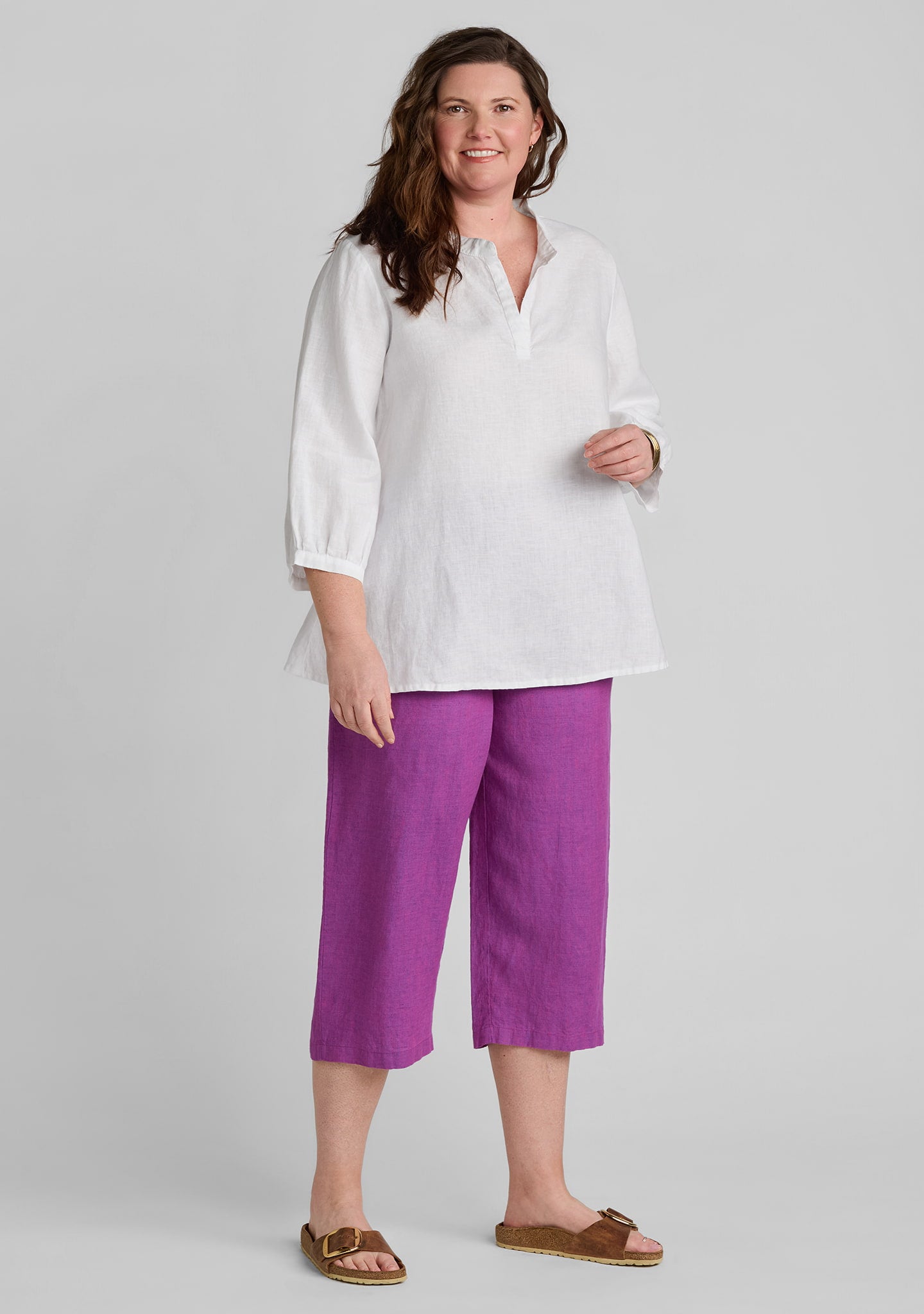 FLAX linen shirt in white with linen pants in purple