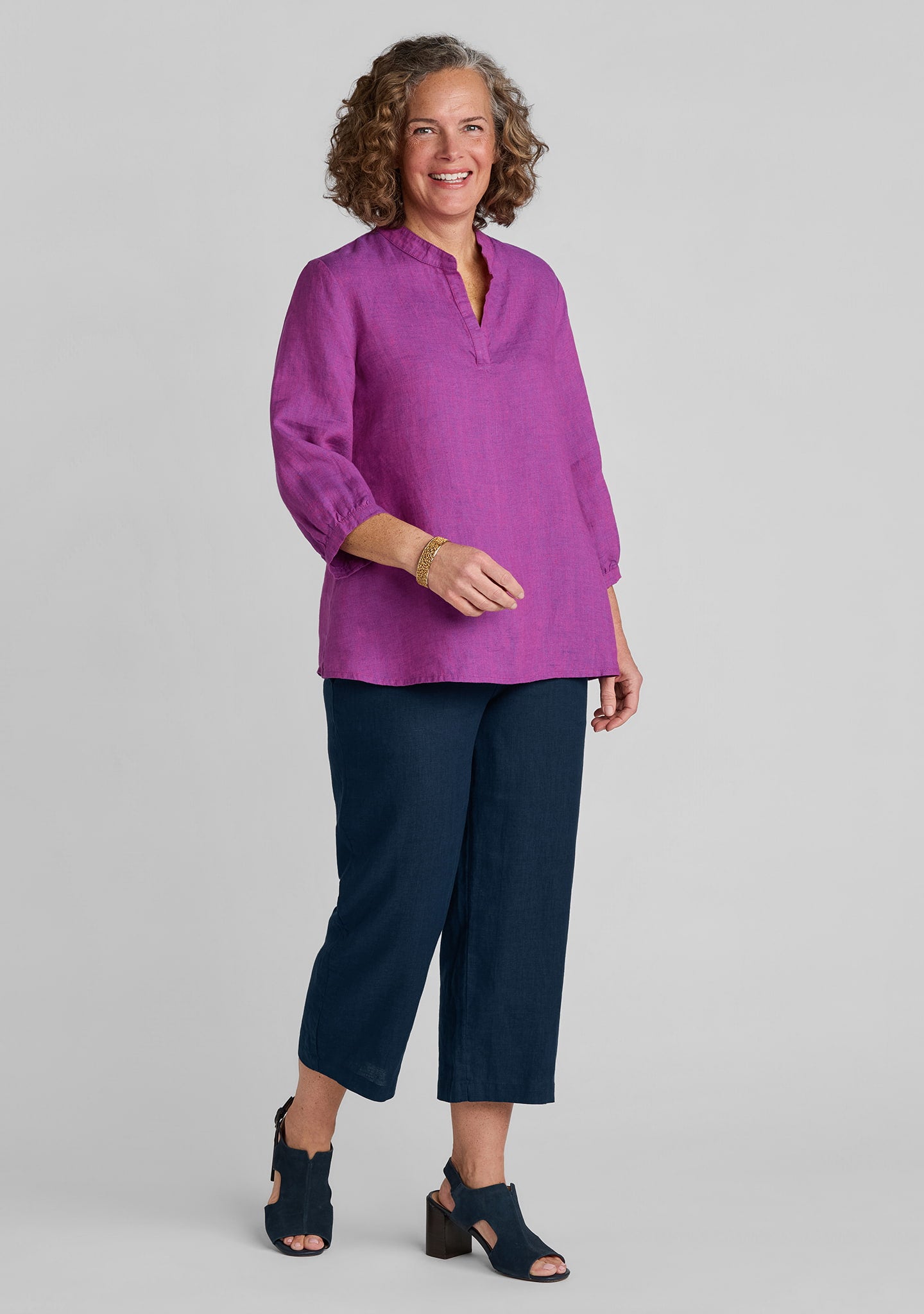 FLAX linen shirt in purple with linen pants in blue