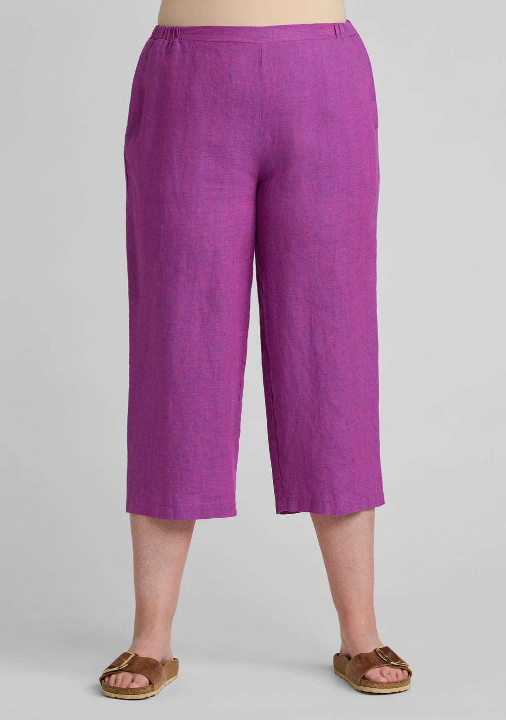 view of waistband women's linen pants in purple