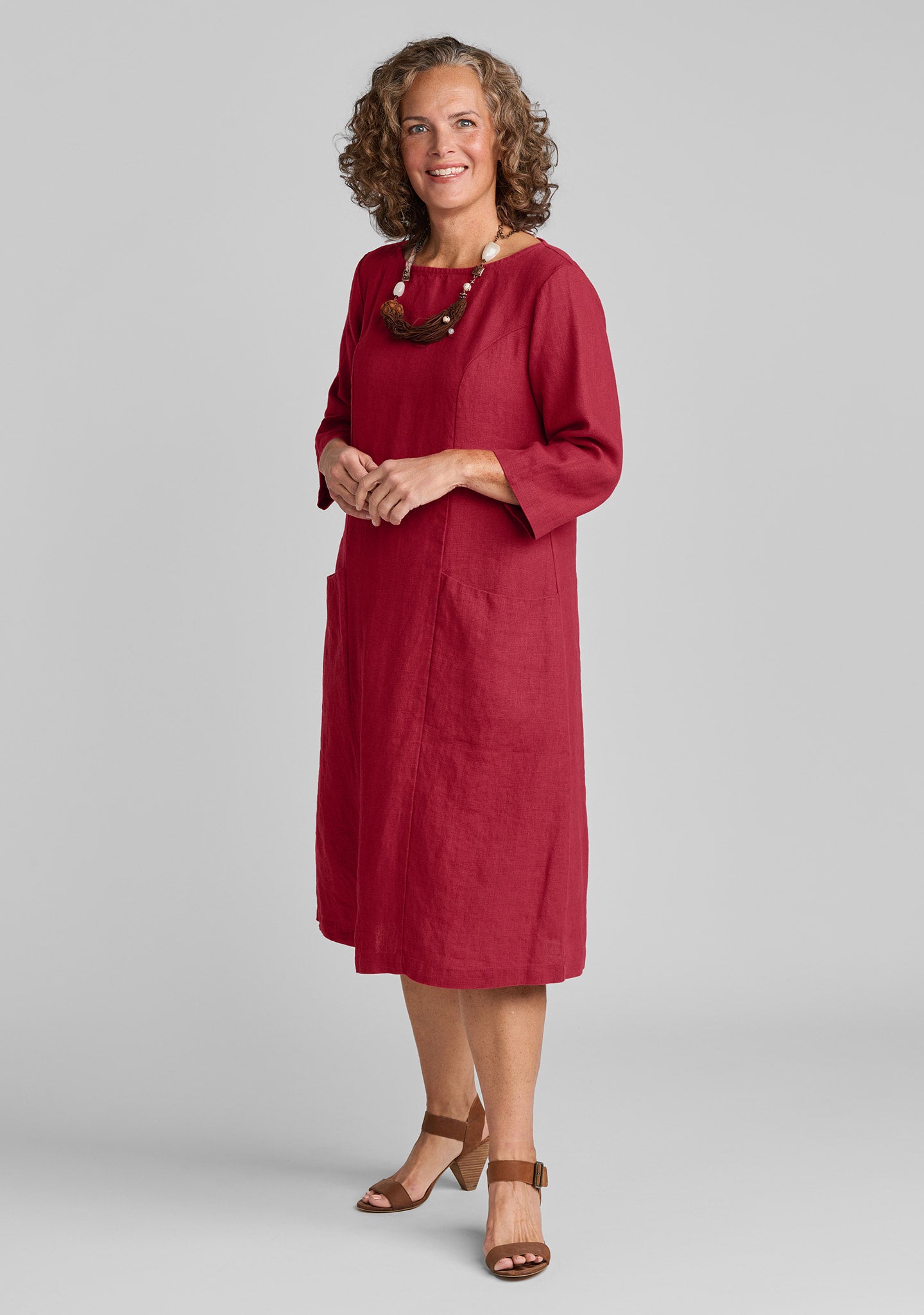 Slouch Pocket Dress - Linen Shift Dress - Crimson