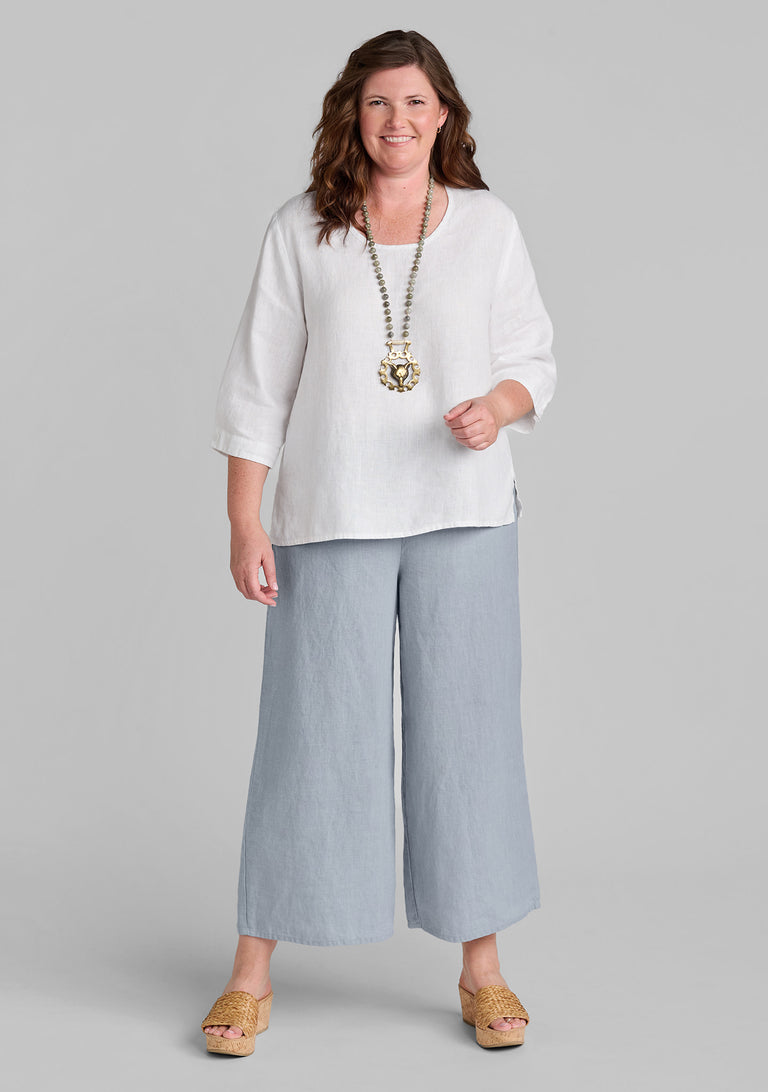 FLAX linen shirt in white with linen pants in blue