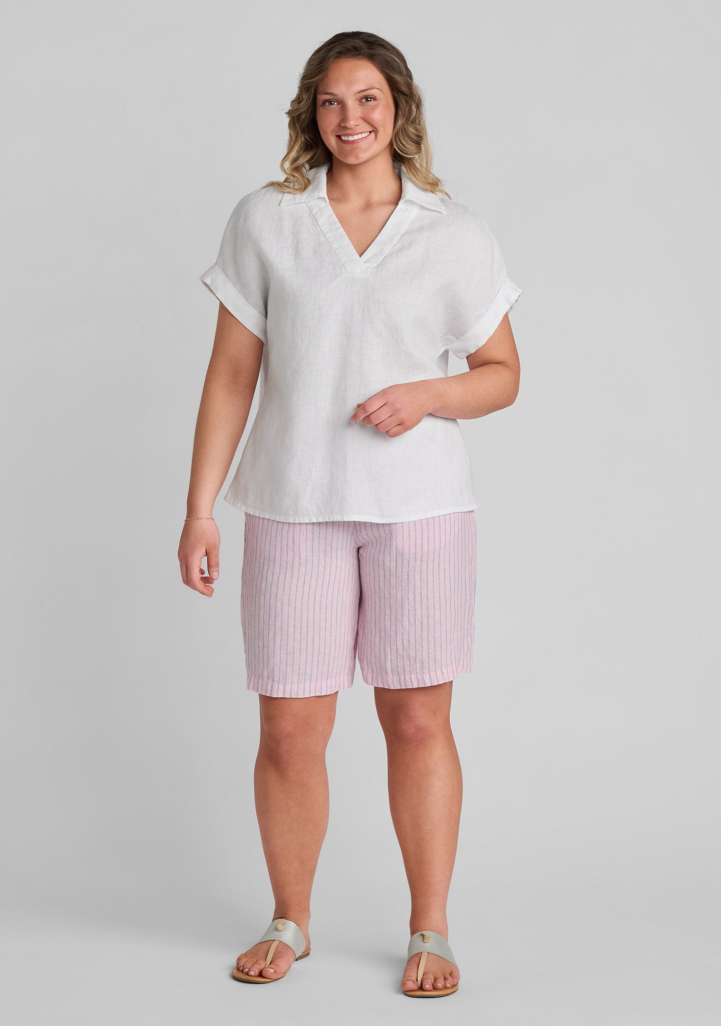 FLAX linen shirt in white with linen shorts in pink