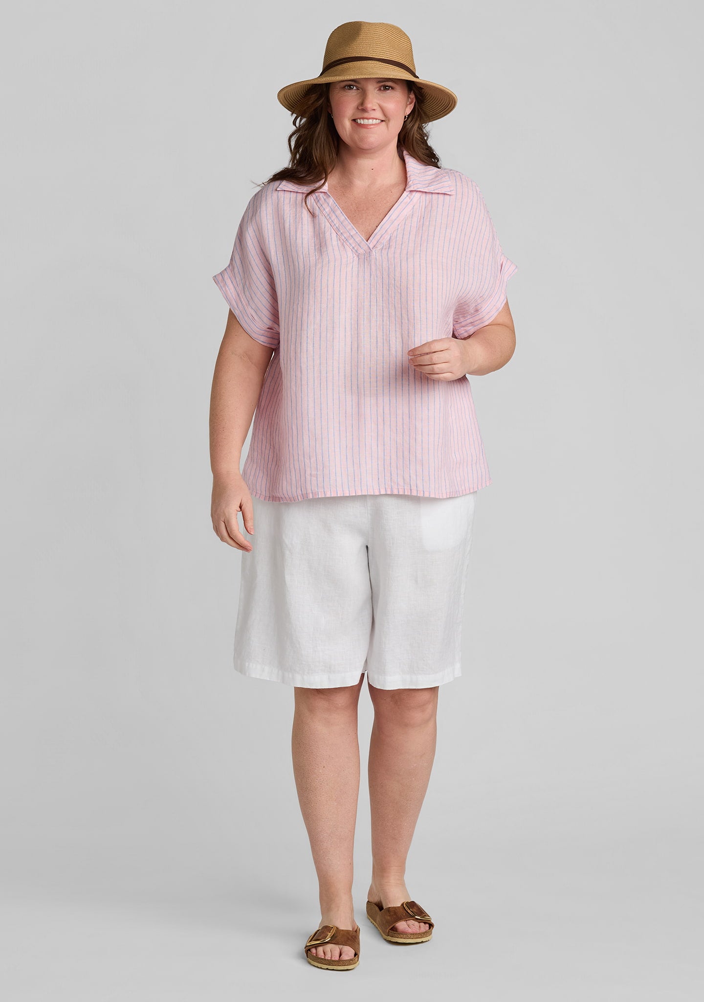 FLAX linen shirt in pink with linen pants in white