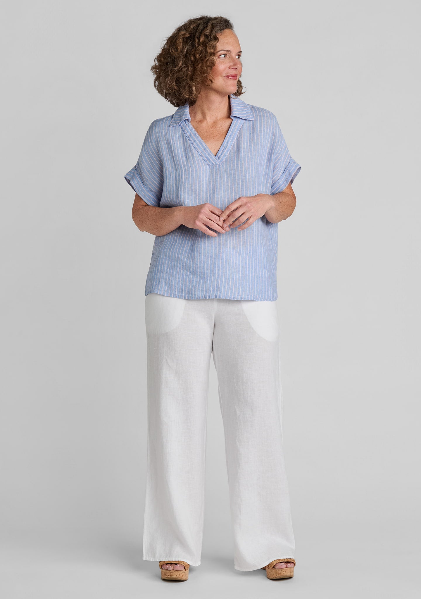 FLAX linen shirt in blue with linen pants in white