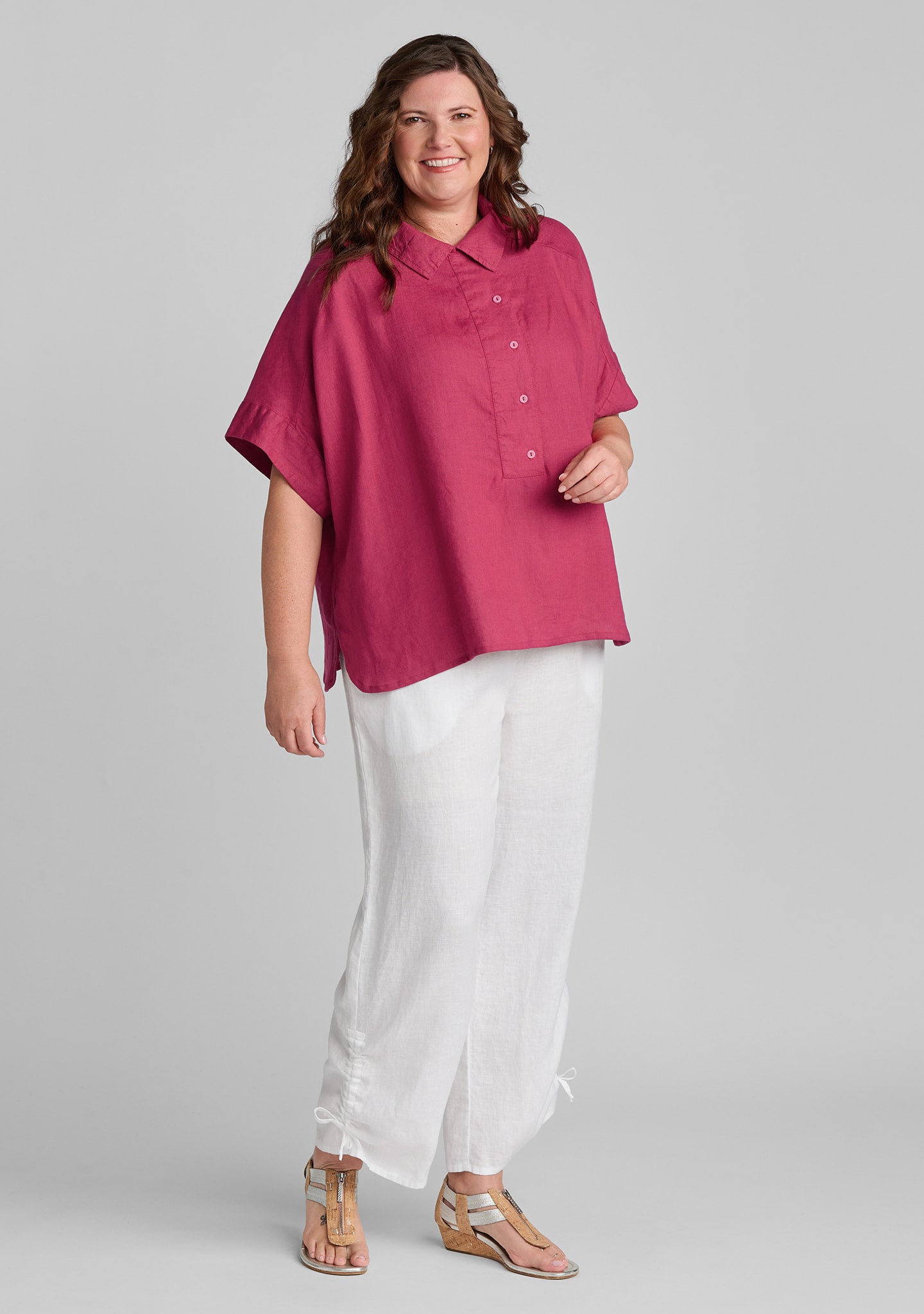 FLAX linen shirt in pink with linen pants in white