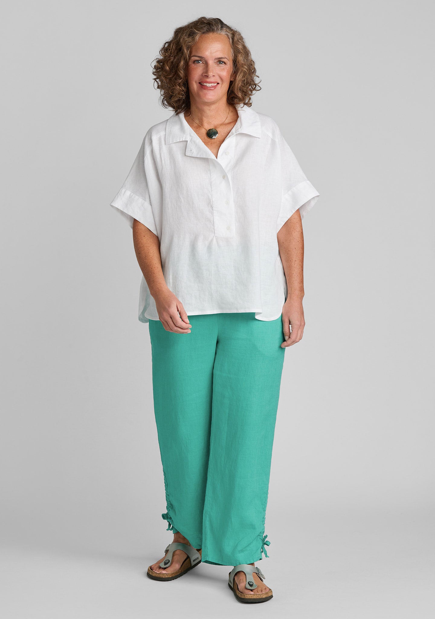 FLAX linen shirt in white with linen pants in green