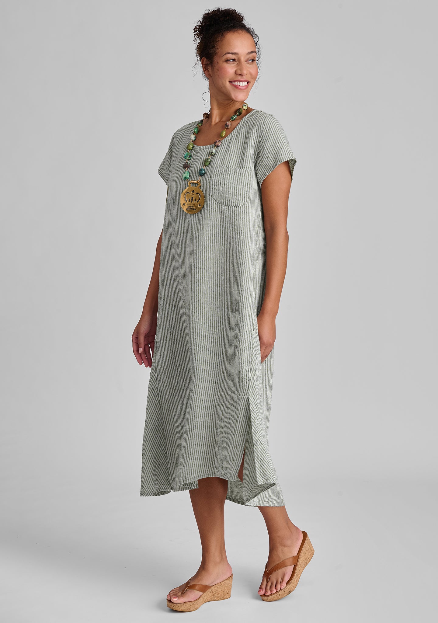 stretched top linen shift dress green