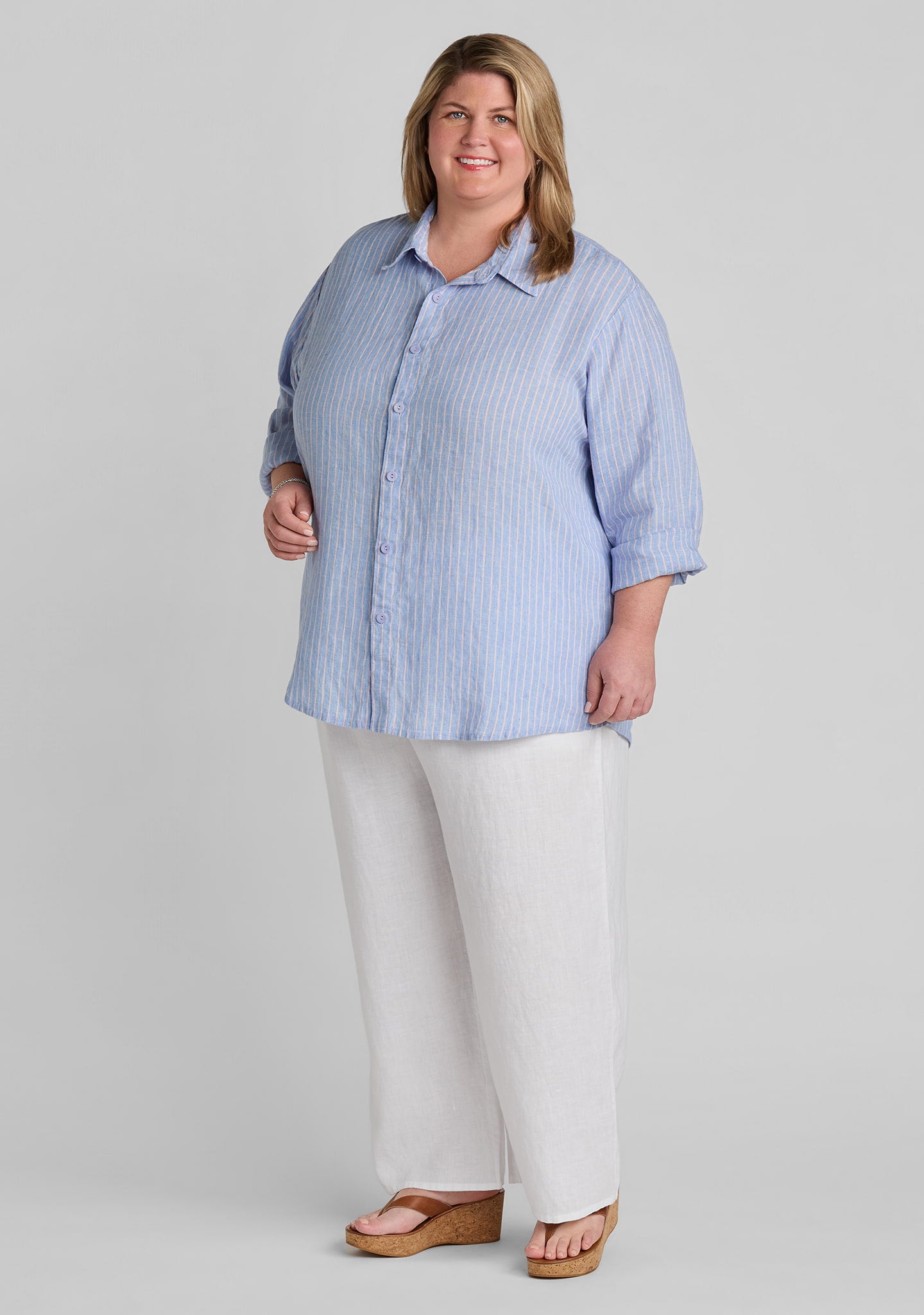 FLAX linen button down in blue with linen pants in white
